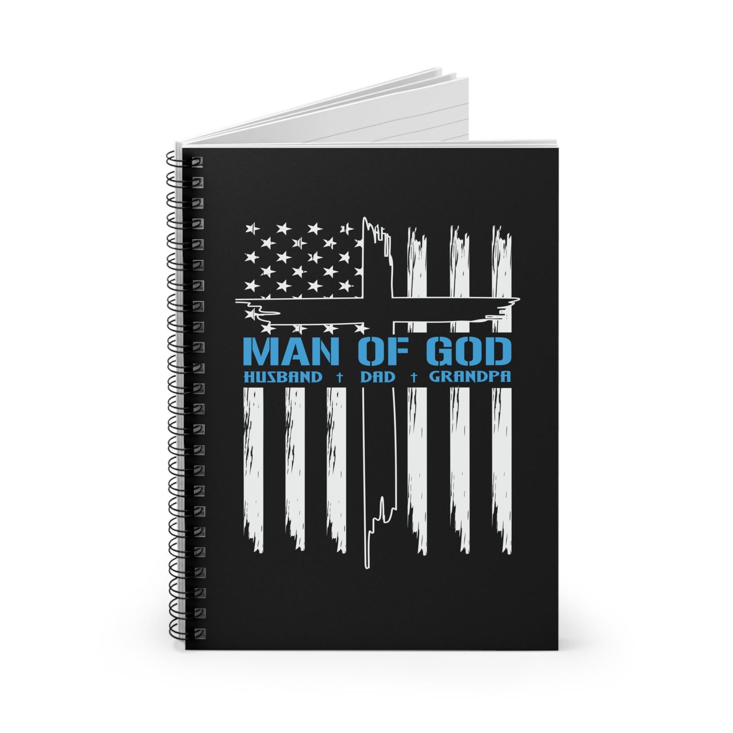 Religious Spiral Notebook, Patriotic Christian Journal Gift, Man Of God Cross American Flag, Ruled Line Notepad, Faith Stationery - Victory Thru Vision