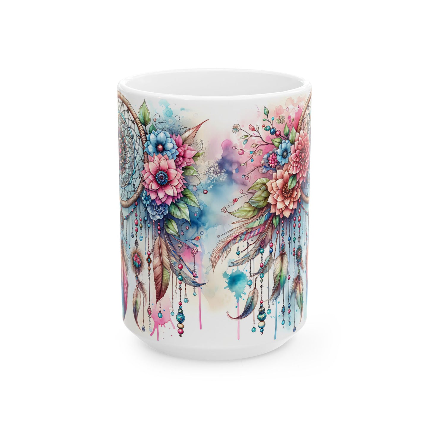 Dreamcatcher Ceramic Mug, Boho Floral Coffee Cup, Tea Mug, Native American Design, Kitchen Decor, Gift for Her