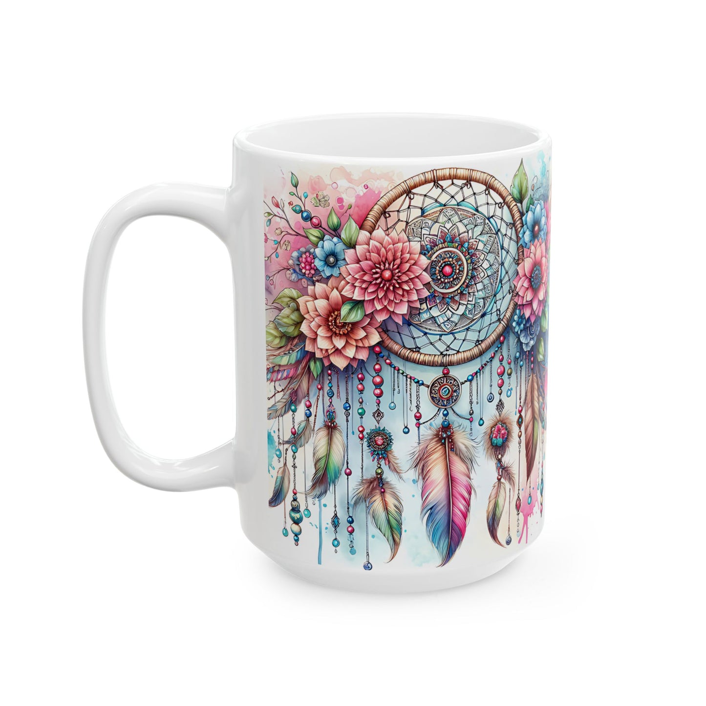 Dreamcatcher Ceramic Mug, Boho Floral Coffee Cup, Tea Mug, Native American Design, Kitchen Decor, Gift for Her