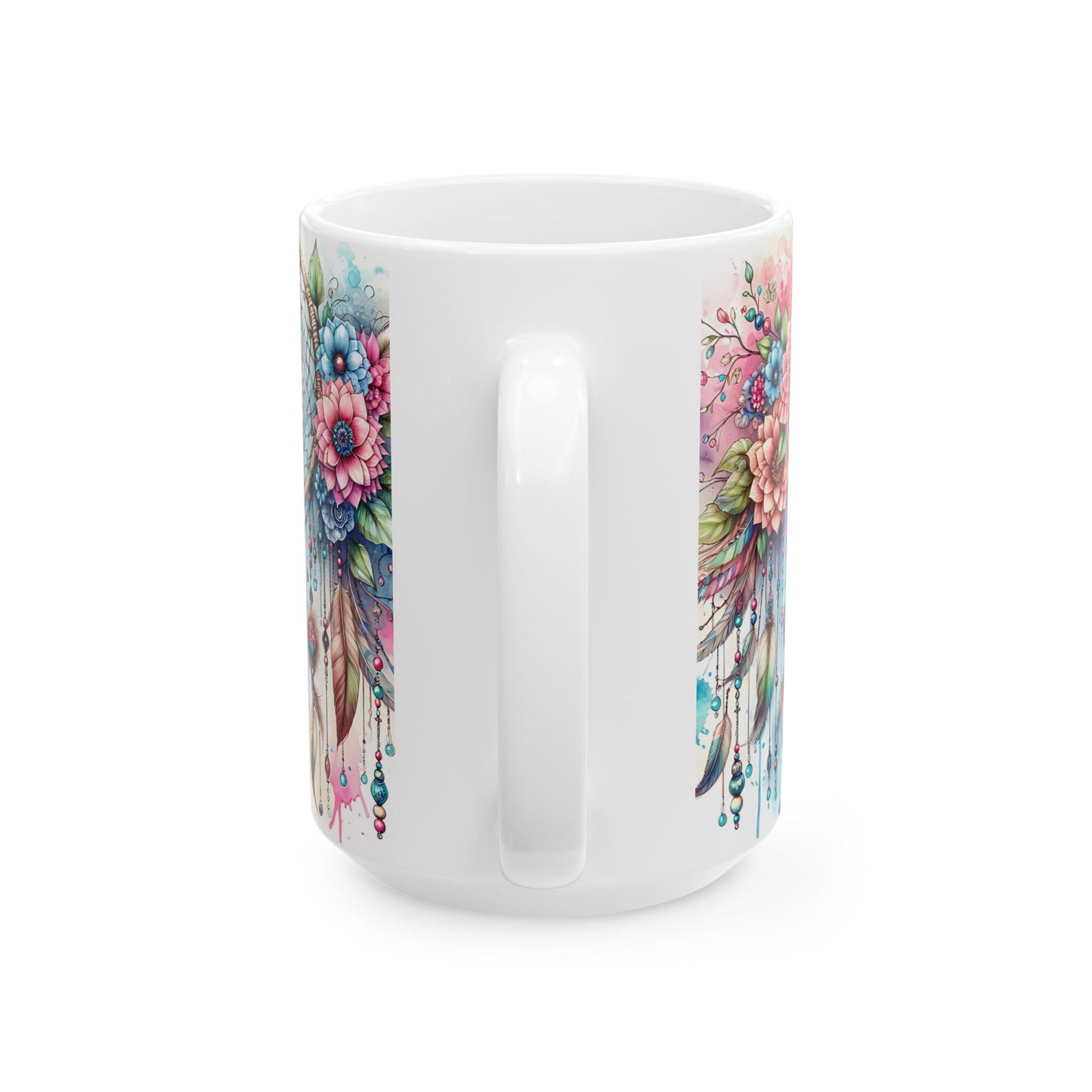Dreamcatcher Ceramic Mug, Boho Floral Coffee Cup, Tea Mug, Native American Design, Kitchen Decor, Gift for Her