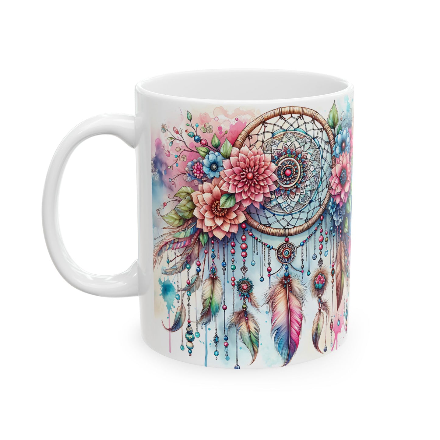 Dreamcatcher Ceramic Mug, Boho Floral Coffee Cup, Tea Mug, Native American Design, Kitchen Decor, Gift for Her