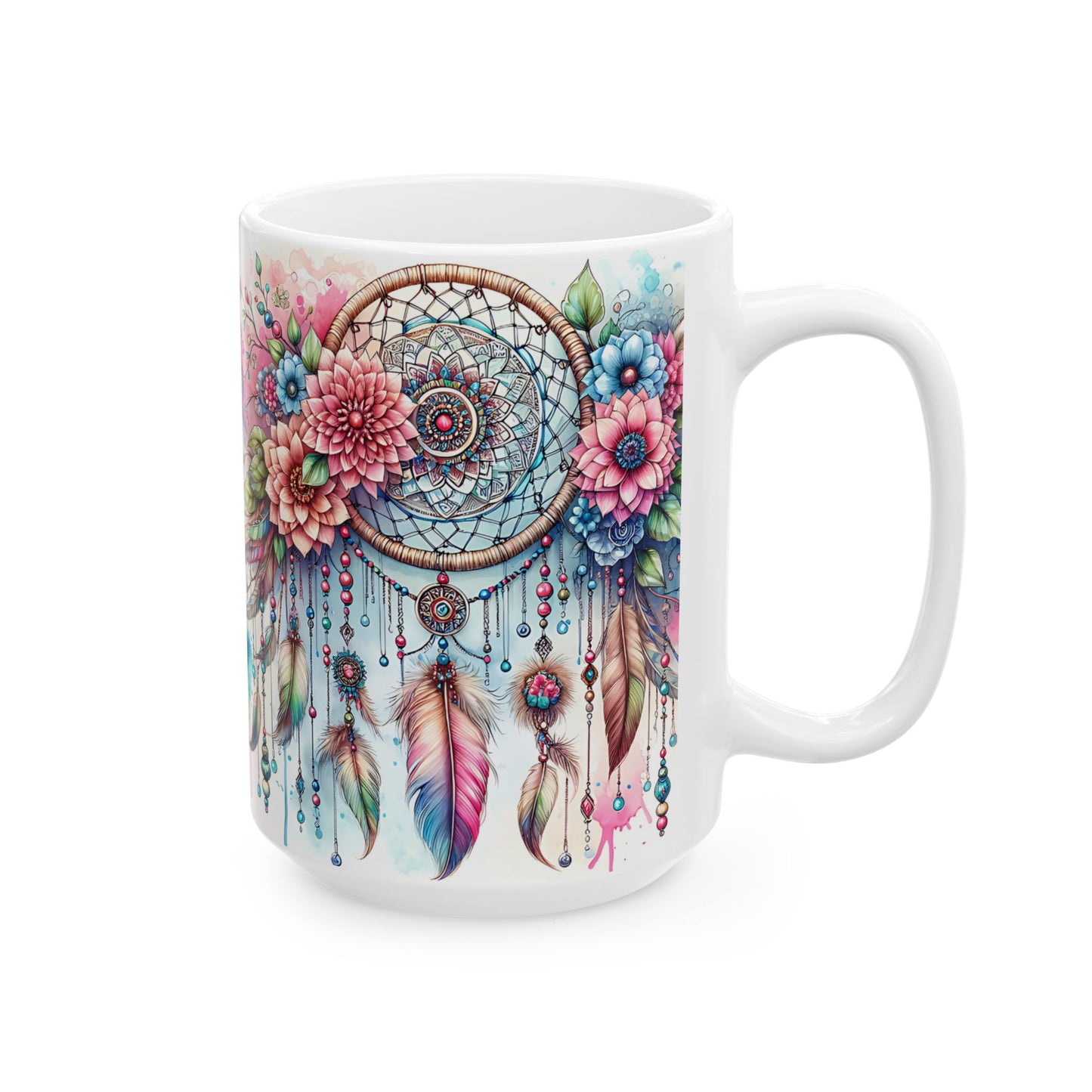 Dreamcatcher Ceramic Mug, Boho Floral Coffee Cup, Tea Mug, Native American Design, Kitchen Decor, Gift for Her