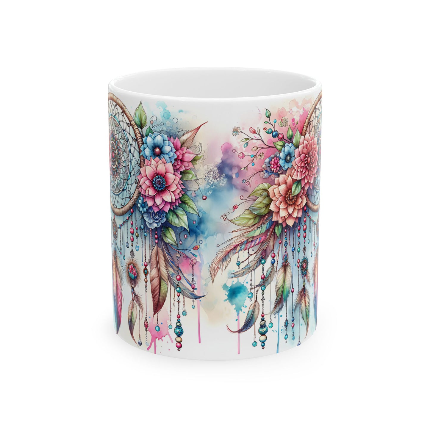 Dreamcatcher Ceramic Mug, Boho Floral Coffee Cup, Tea Mug, Native American Design, Kitchen Decor, Gift for Her