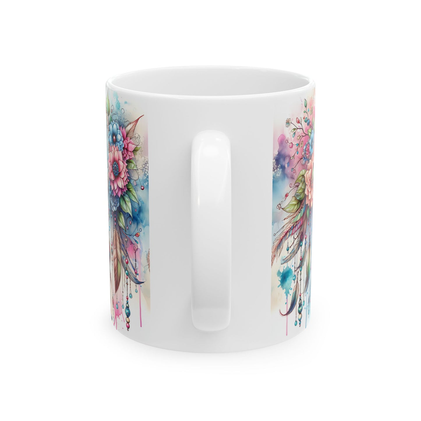 Dreamcatcher Ceramic Mug, Boho Floral Coffee Cup, Tea Mug, Native American Design, Kitchen Decor, Gift for Her