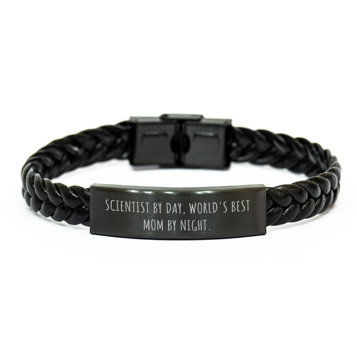 Scientist Gifts by Day, World's Best Dad by Night Interlaced Leather Bracelet - Unique Father's Day Unique Gifts from Men to Dads - Funny Quote on Stainless Steel Leather Strap - Image 1