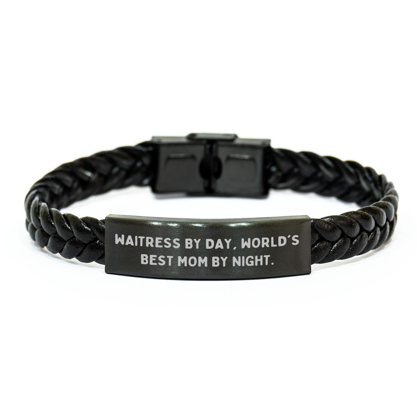 Waitress By Day, World's Best Mom By Night. Funny Quotes Interlaced Leather Bracelet, Gift from Friends for Waitress, Unique Father's Day Unique Gifts for Men - Image 1