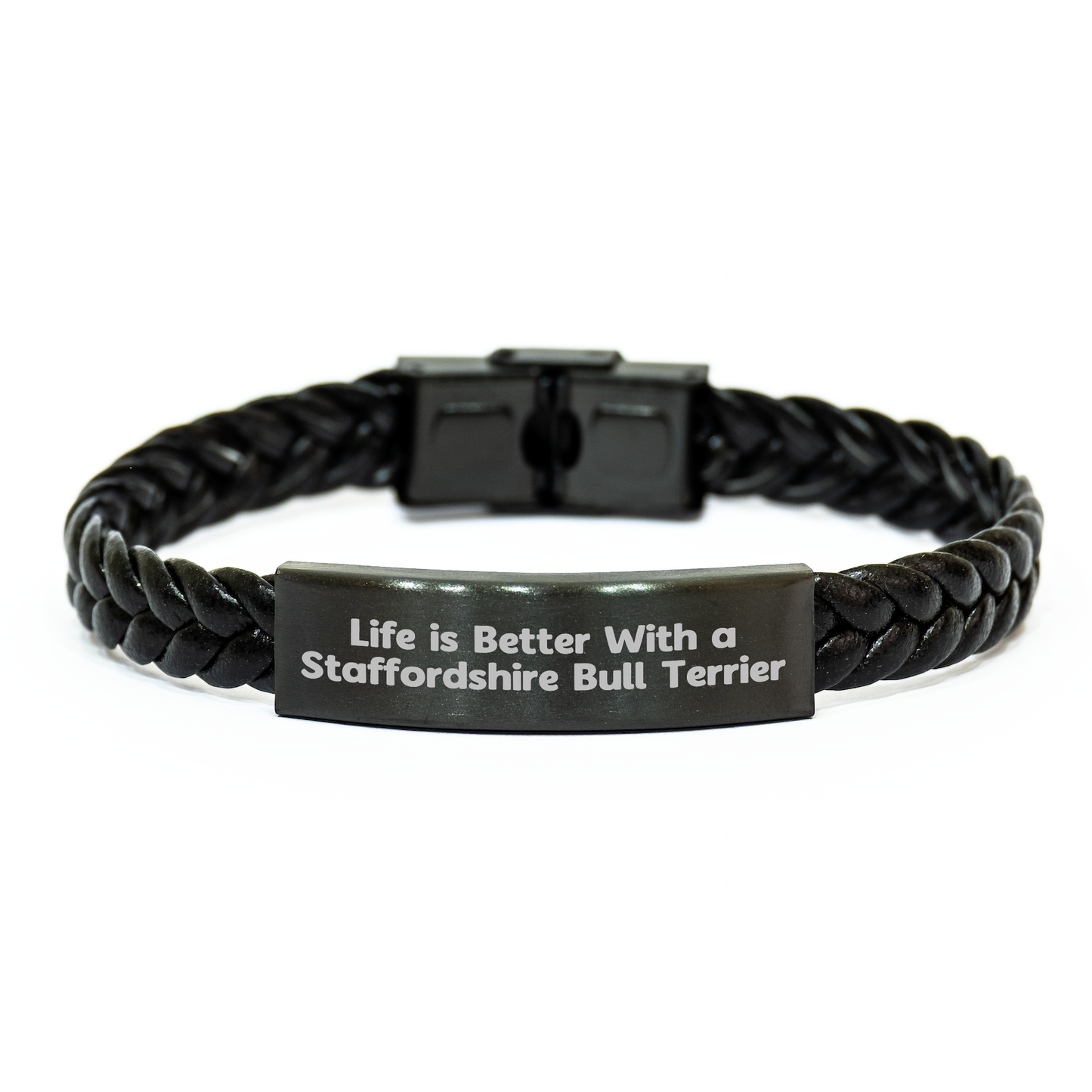Funny Staffordshire Bull Terrier Dog Gifts - Interlaced Leather Bracelet for Men from Him, Fathers Day Unique Gifts - Victory Thru Vision