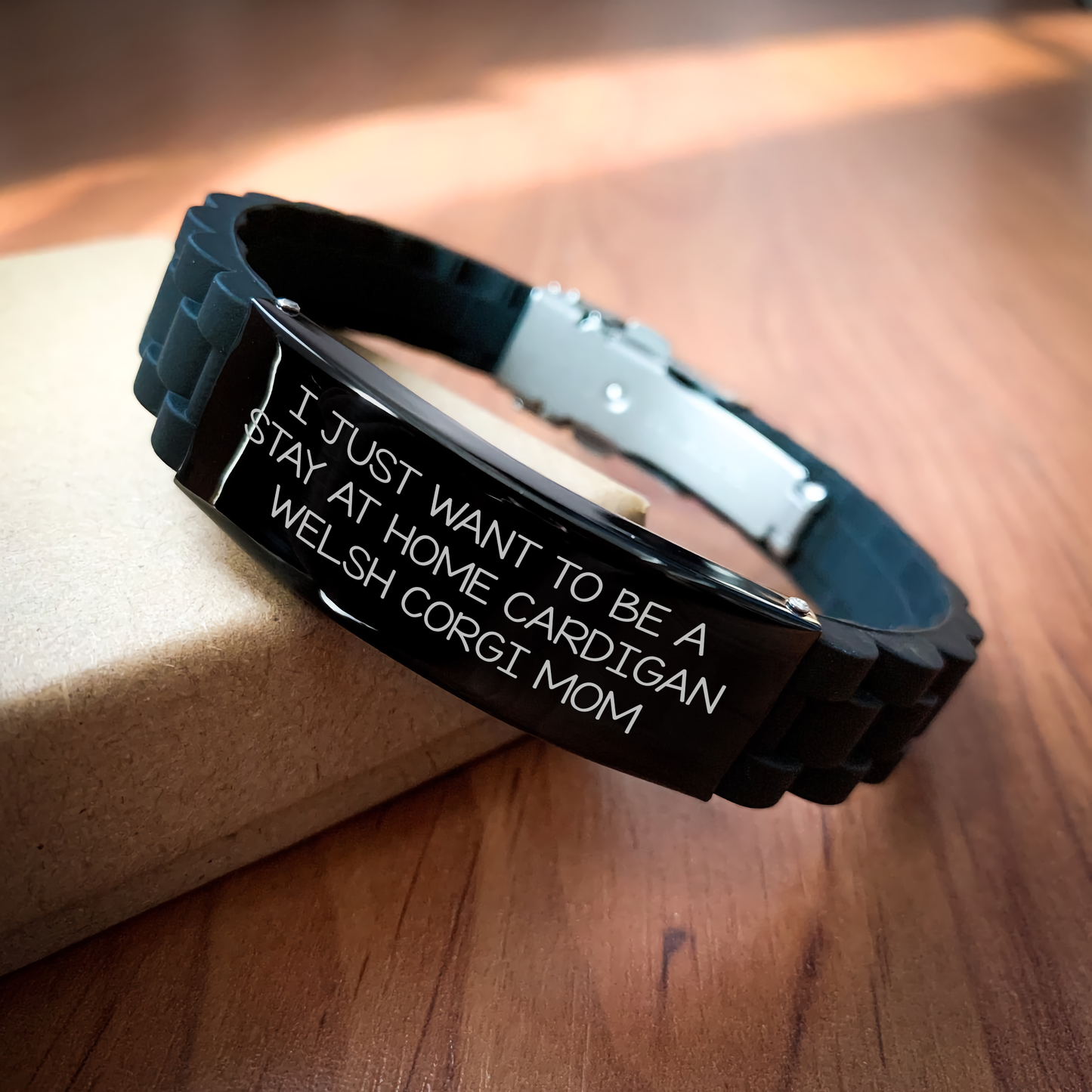 Cardigan Welsh Corgi Dog Mom Gifts from Mom, Perfect for Dad's Unique Father's Day Unique Gifts - Glide lock Clasp Adjustable Black Silicone Stainless Steel Bracelet - Image 2