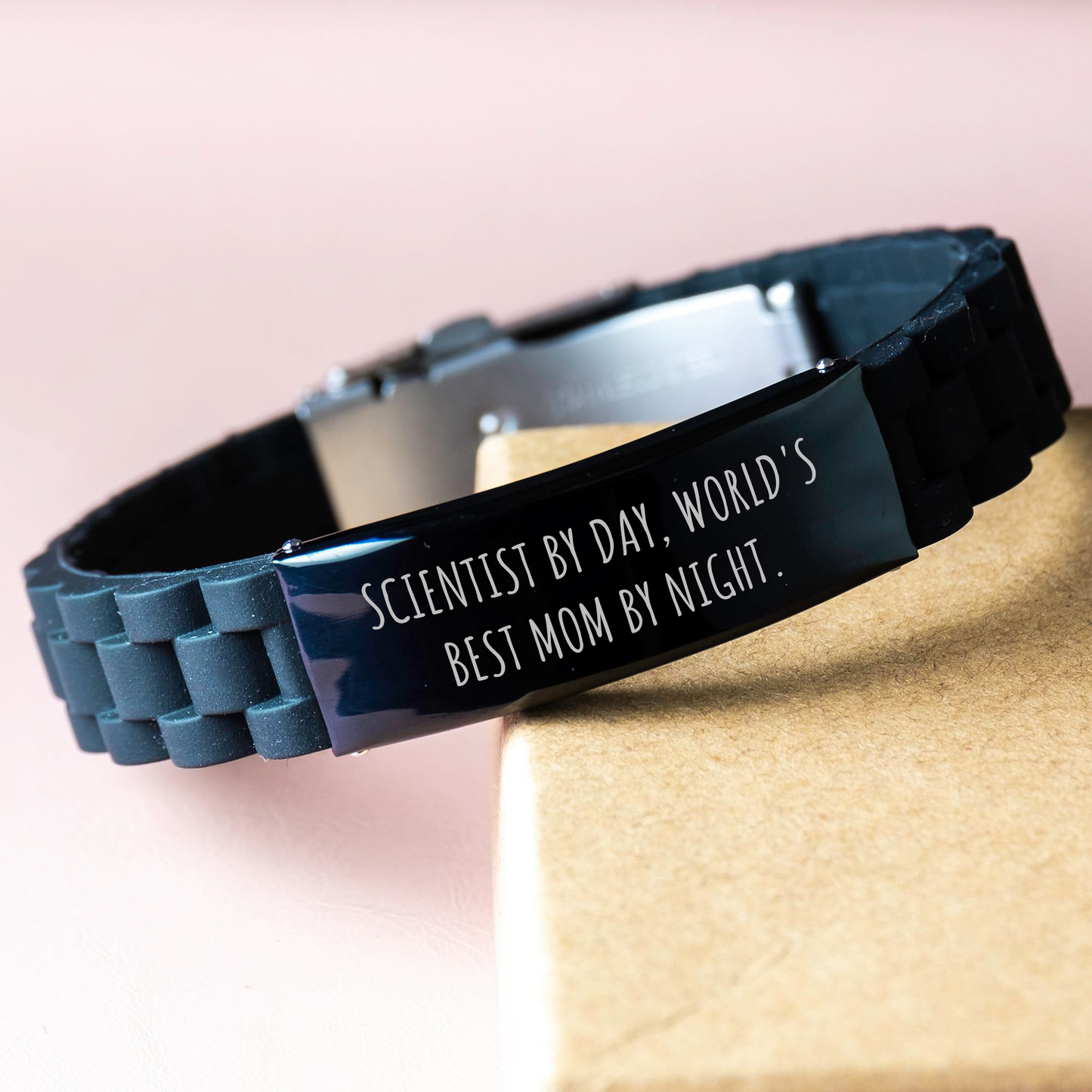Scientist Gifts by Day, World's Best Dad by Night - Glide lock Clasp Black Stainless Steel and Silicone Adjustable Men's and Women's Father's Day Unique Gift - Image 3