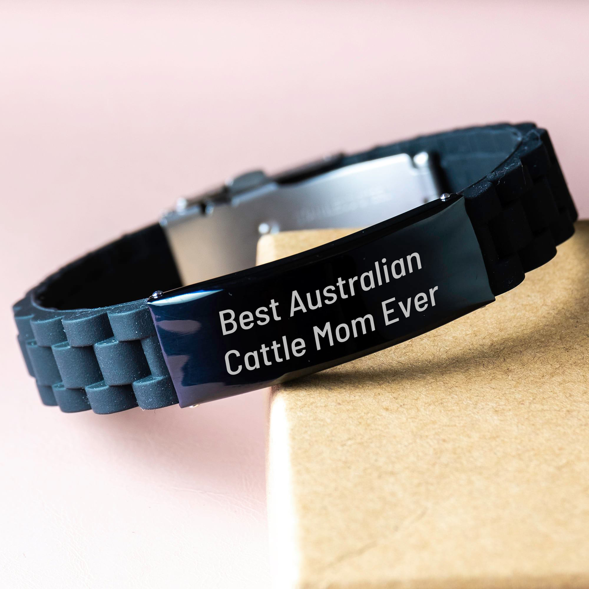 Australian Cattle Dog Mom Funny Gifts from Men, Glide lock Clasp Black Stainless Steel Adjustable Silicone Bracelet, Best Australian Cattle Dog Ever Quote, Father's Day Unique Gifts for Him - Victory Thru Vision