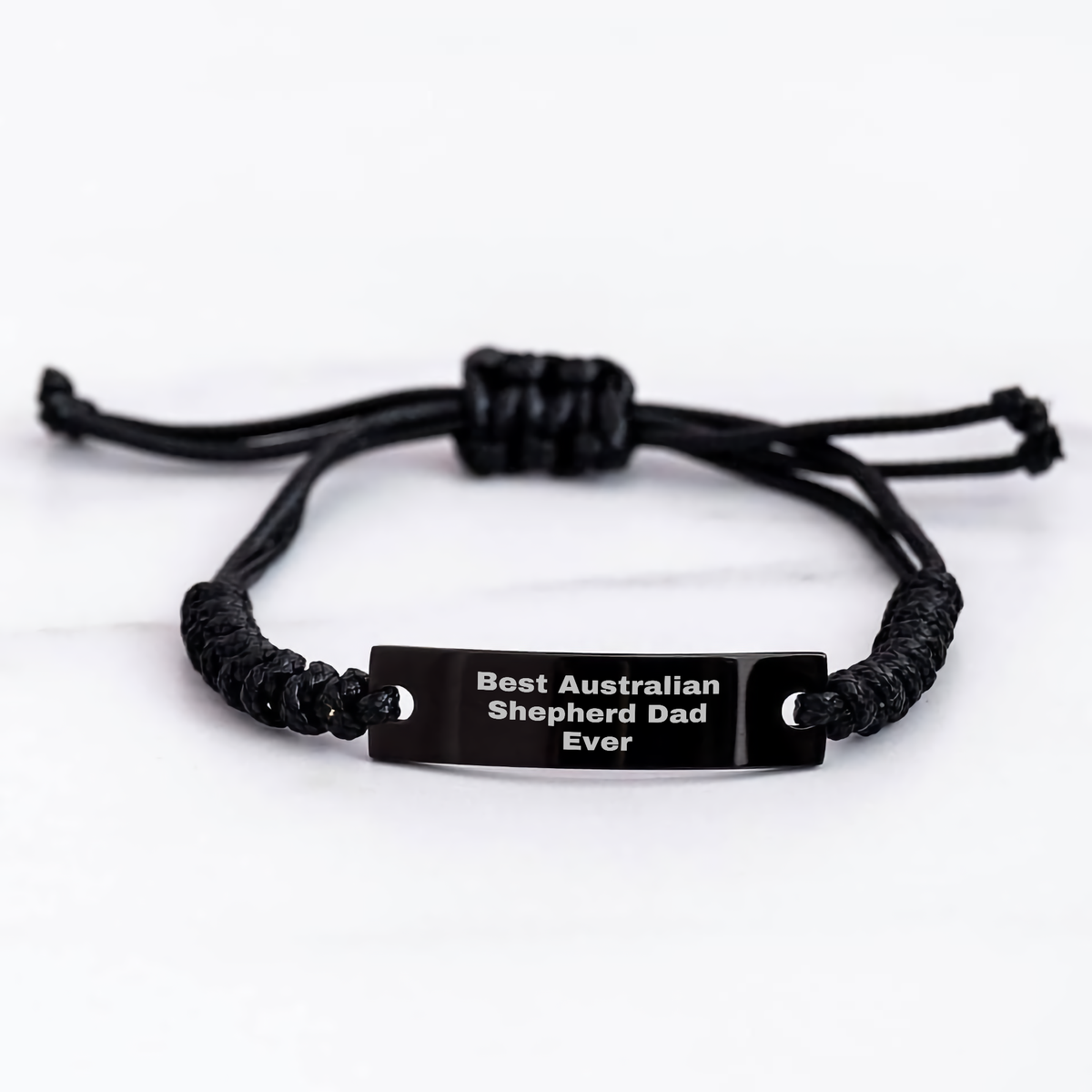 Australian Shepherd Dad Ever Rope Bracelet Gift for Men, Funny Quote 'Best Australian Shepherd Dad Ever', Adjustable Black Stainless Steel Rope, Father's Day Unique Gifts from Dad's Family - Victory Thru Vision