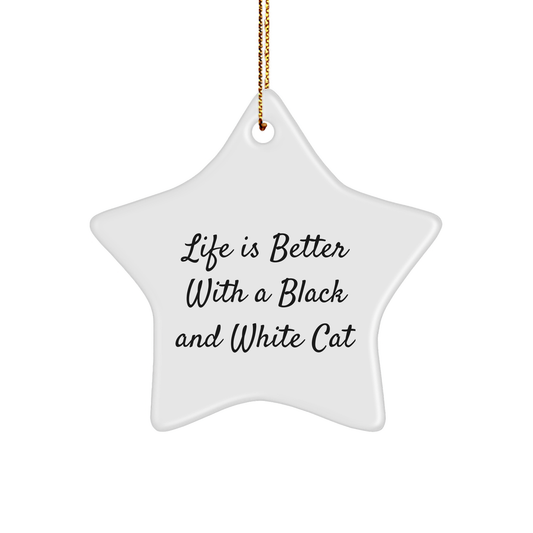 Black and White Cat Star Ornament, Funny Gift for Friends, Family, Coworkers, 'Life Is Better With A Black And White Cat', Christmas Unique Gifts - Victory Thru Vision