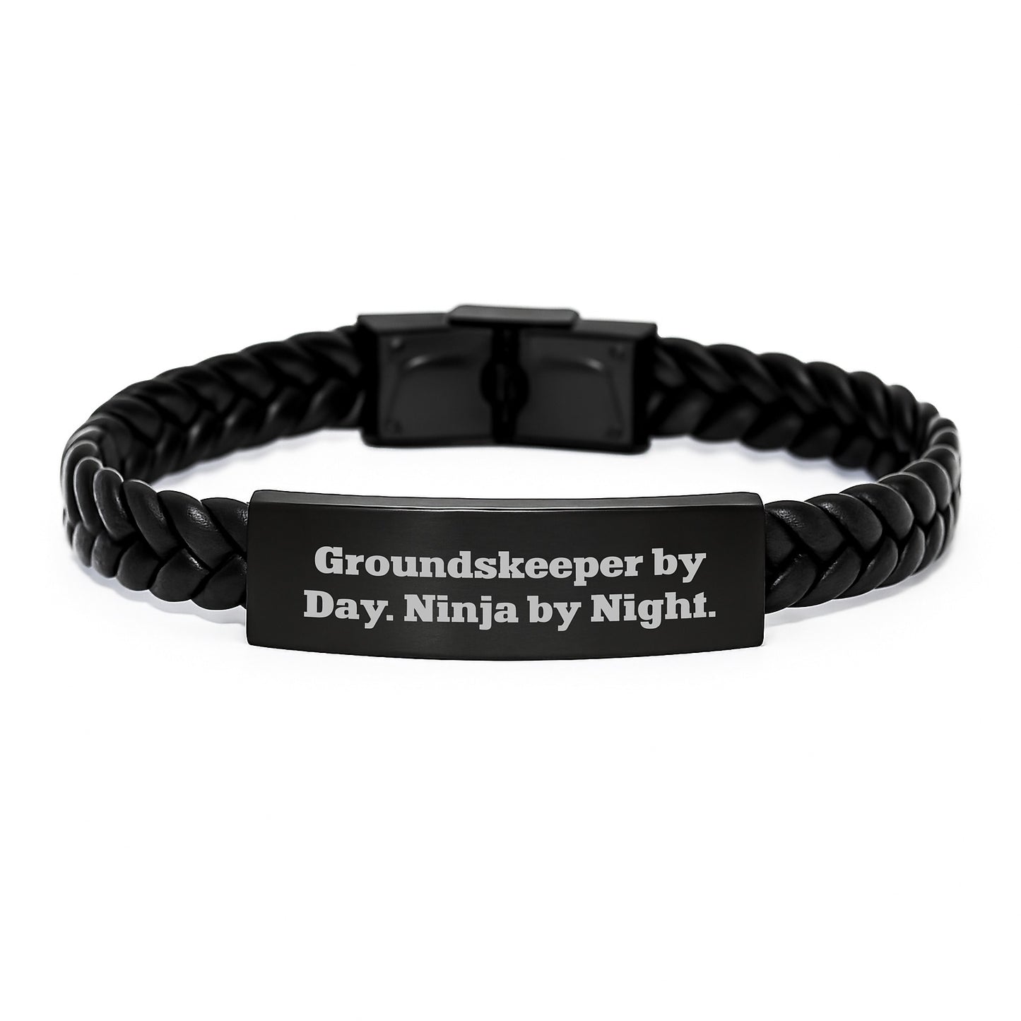groundskeeper Gifts, Interlaced Leather Bracelet for Men, 'groundskeeper By Day. Ninja By Night.' Funny Quote, Birthday Unique Gifts from Friends - Image 1