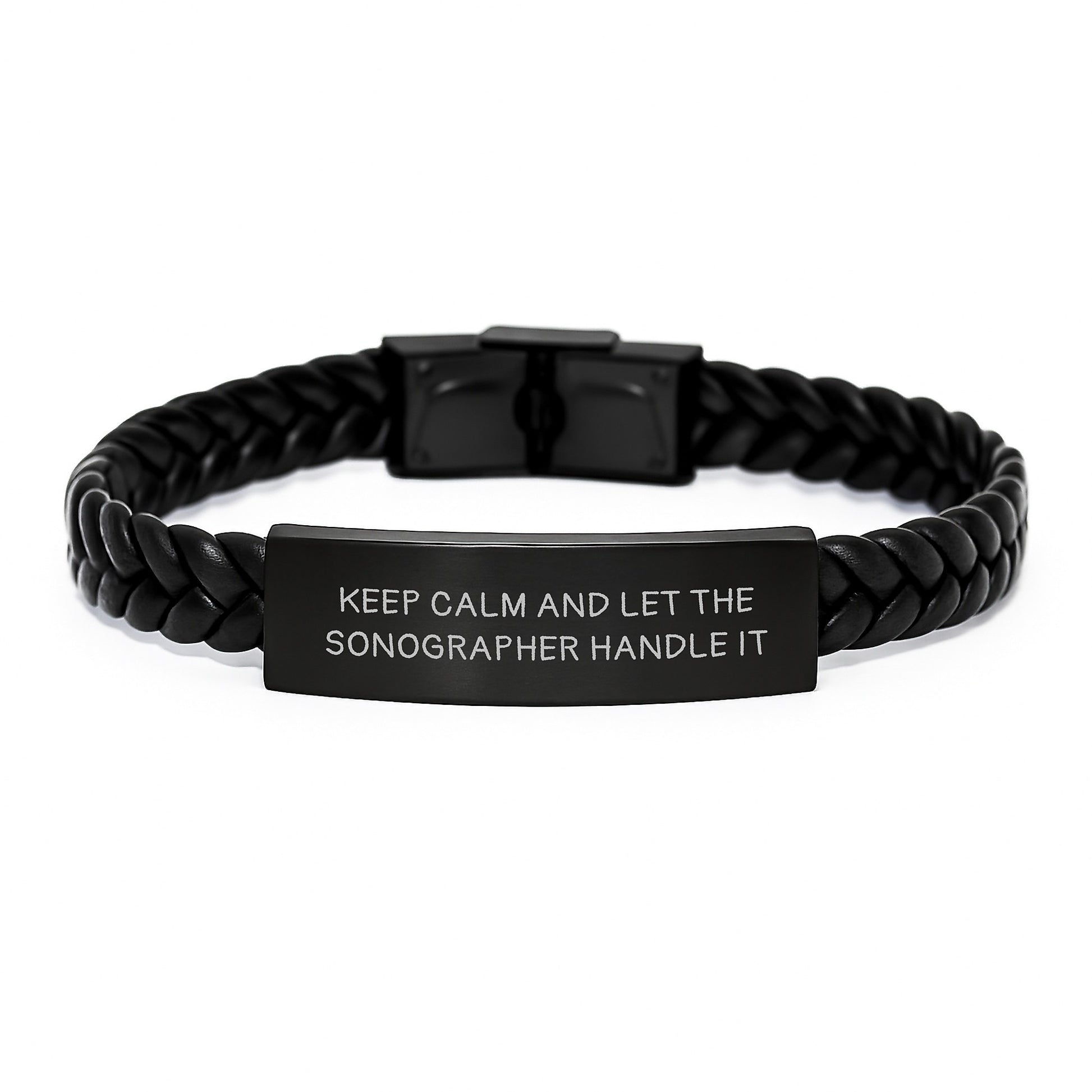 Funny Sonographer Gifts from Friends for Men and Women - Keep Calm And Let The Sonographer Handle It Interlaced Leather Bracelet for Christmas Unique Presents - Image 1
