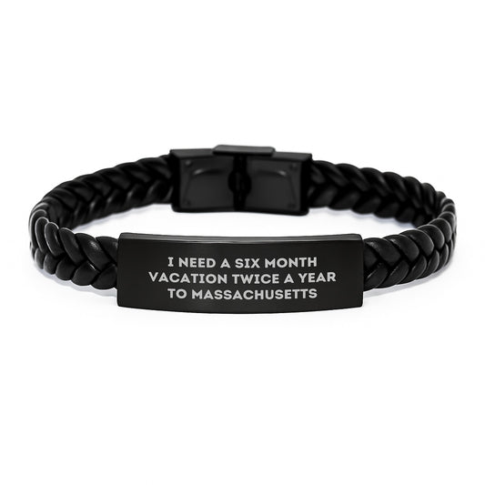 Unique Gifts from Massachusetts to Men for Christmas - Interlaced Leather Bracelet for Massachusetts Enthusiasts - Image 1