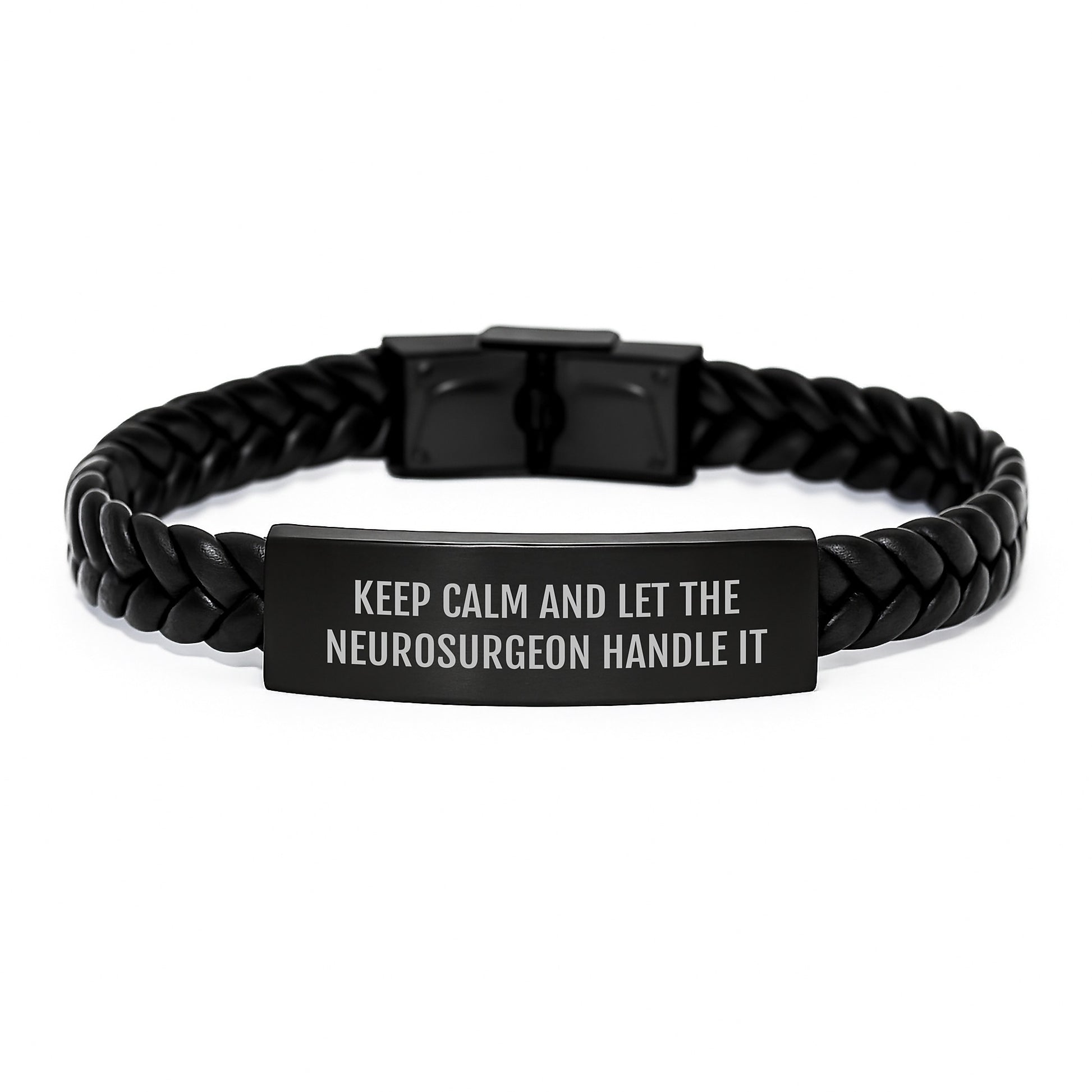 Funny Neurosurgeon Christmas Unique Gifts for Men from Friends, Keep Calm and Let the Neurosurgeon Handle It Interlaced Leather Bracelet - Image 1