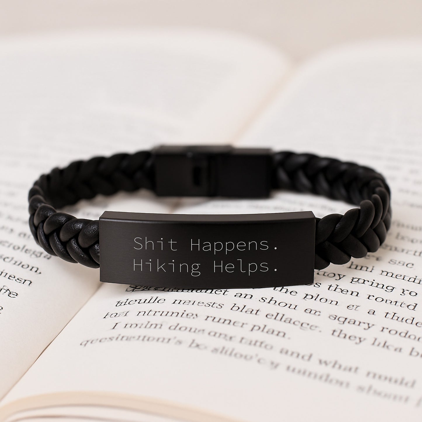Funny Hiking Gifts for Men, Women, Friends from Hiking Enthusiasts - Interlaced Leather Bracelet with Shit Happens. Hiking Helps. - Christmas Unique Presents - Image 3