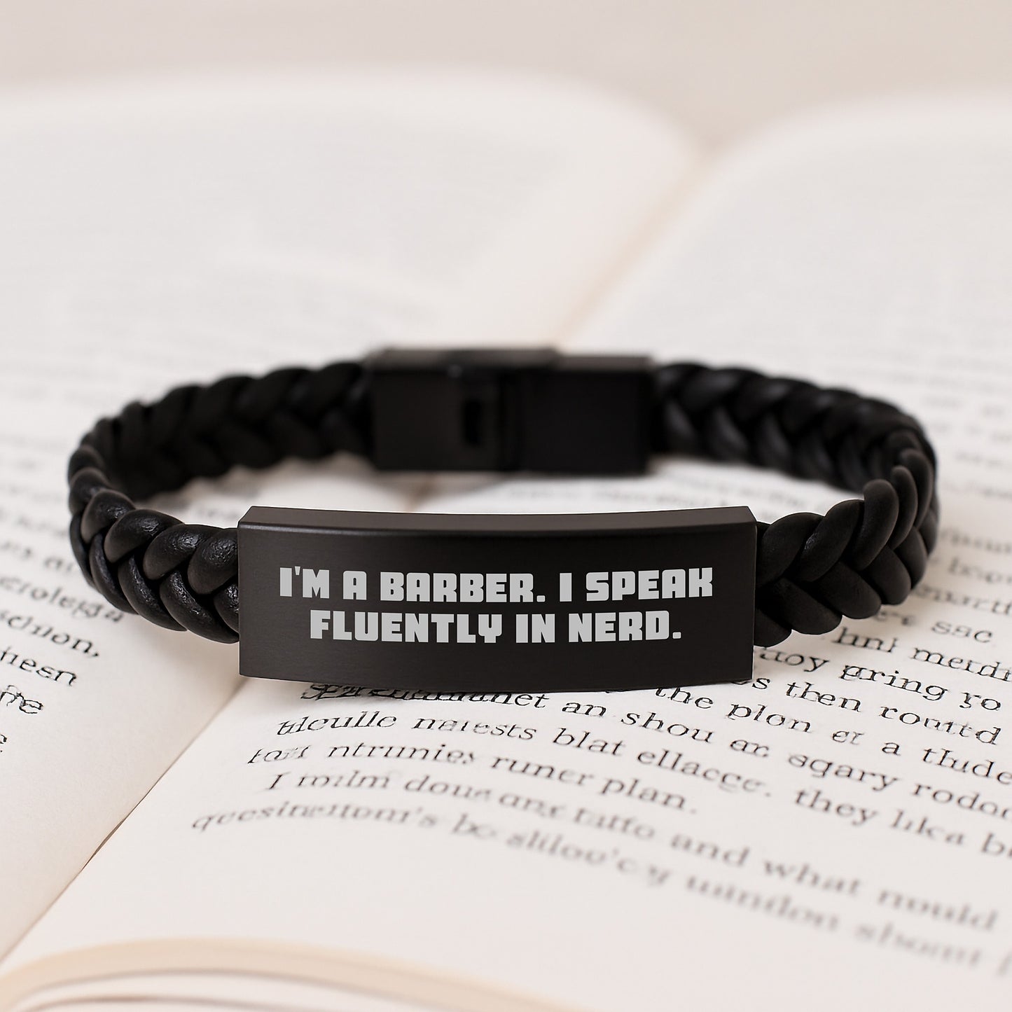 Funny Barber Gifts from Friends - I'm A Barber. I Speak Fluently In genius. Interlaced Leather Bracelet for Birthday - Image 3