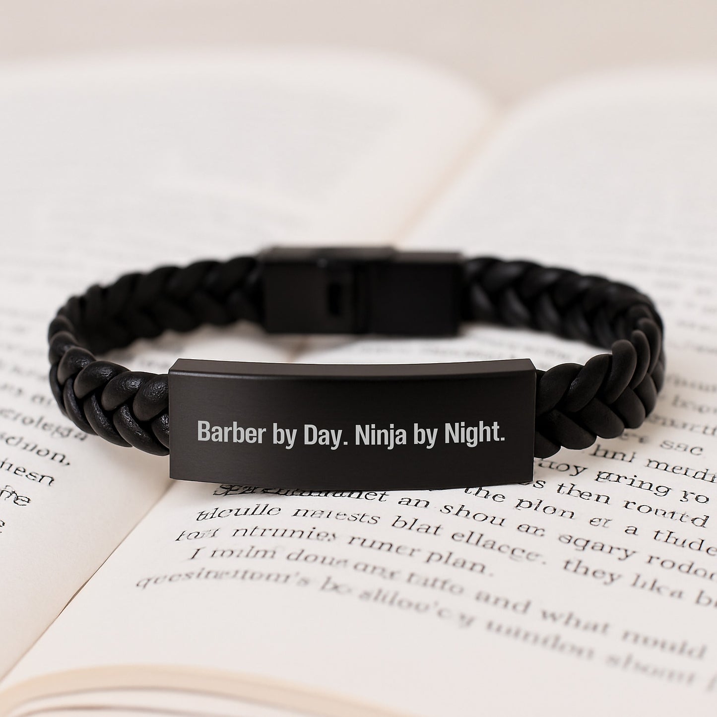 Funny Barber Gifts, Interlaced Leather Bracelet for Men, 'Barber By Day. Ninja By Night.' Stainless Steel Engraved Christmas Unique Gifts from Men to Barber - Image 3