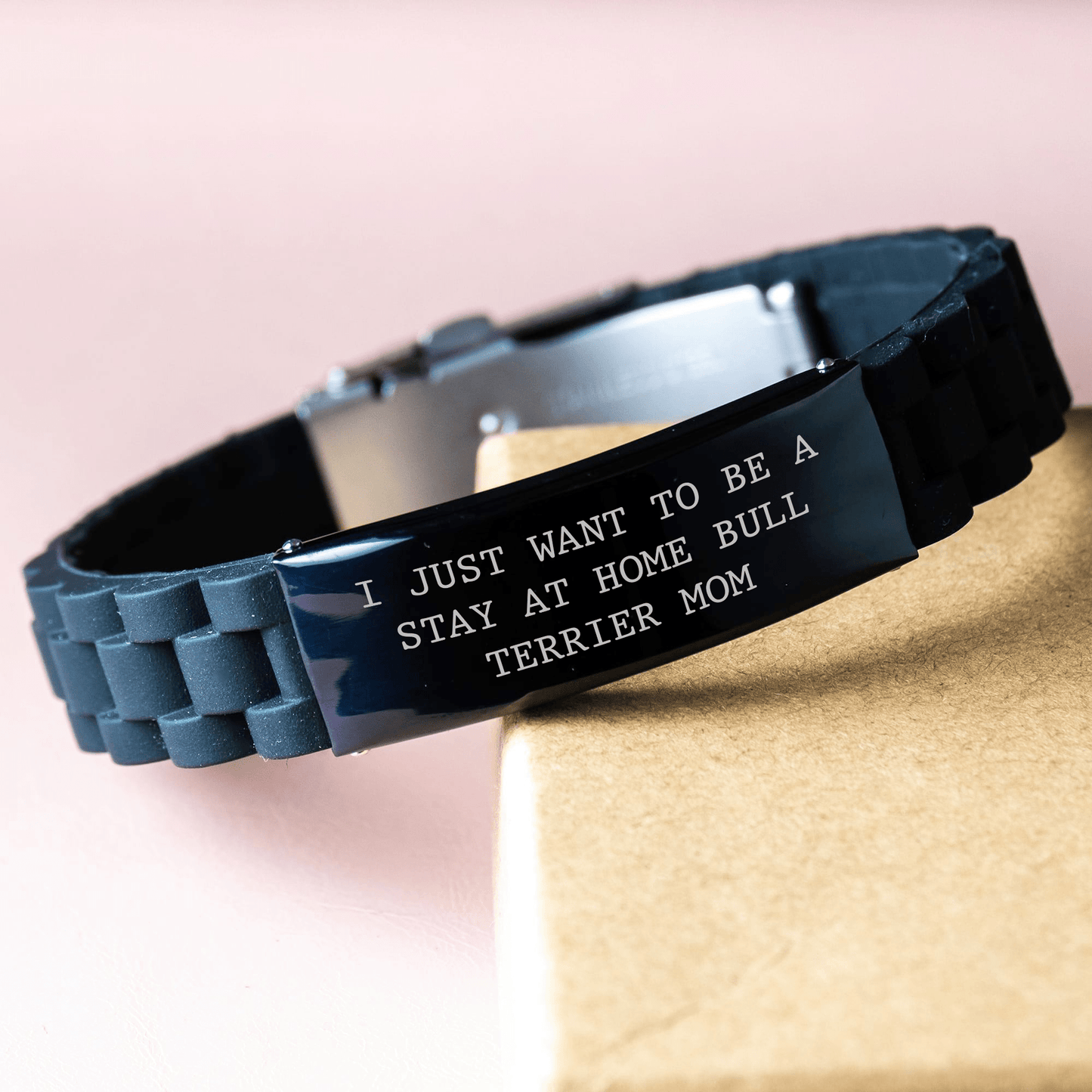 Bull Terrier Dog Mom Funny Gift Ideas for Dad, Glide lock Clasp Bracelet from Mom's Love, 'I Just Want To Be A Stay At Home Bull Terrier Mom' Quote, Black Color, Father's Day Unique Gifts - Victory Thru Vision