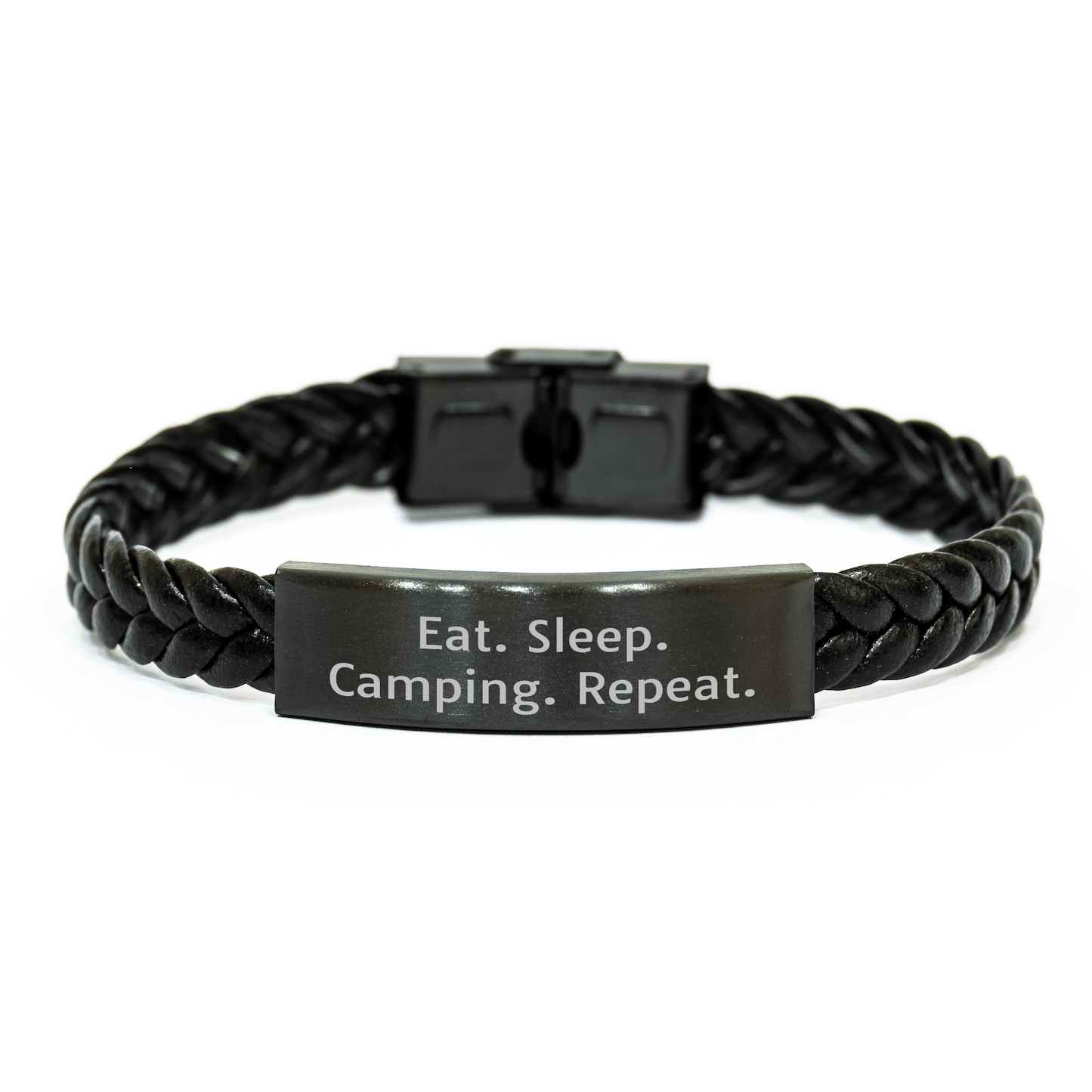 Camping Enthusiast Gift: Interlaced Leather Bracelet with Inspirational Quote - Eat. Sleep. Camping. Repeat. - Perfect for Father's Day Unique Gifts from Friends to Family - Victory Thru Vision