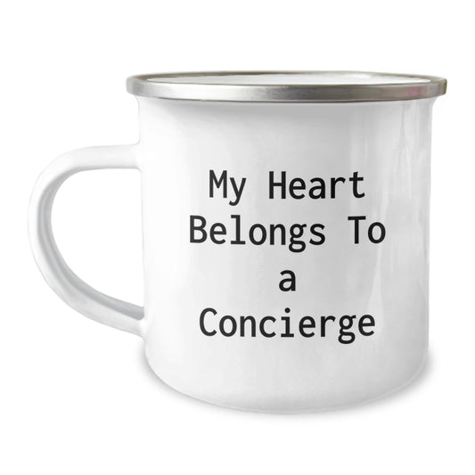Funny Concierge Gifts from Friends, Gifts for Concierge on Birthday, My Heart Belongs To A Concierge Stainless Steel Camping Mug - Image 1