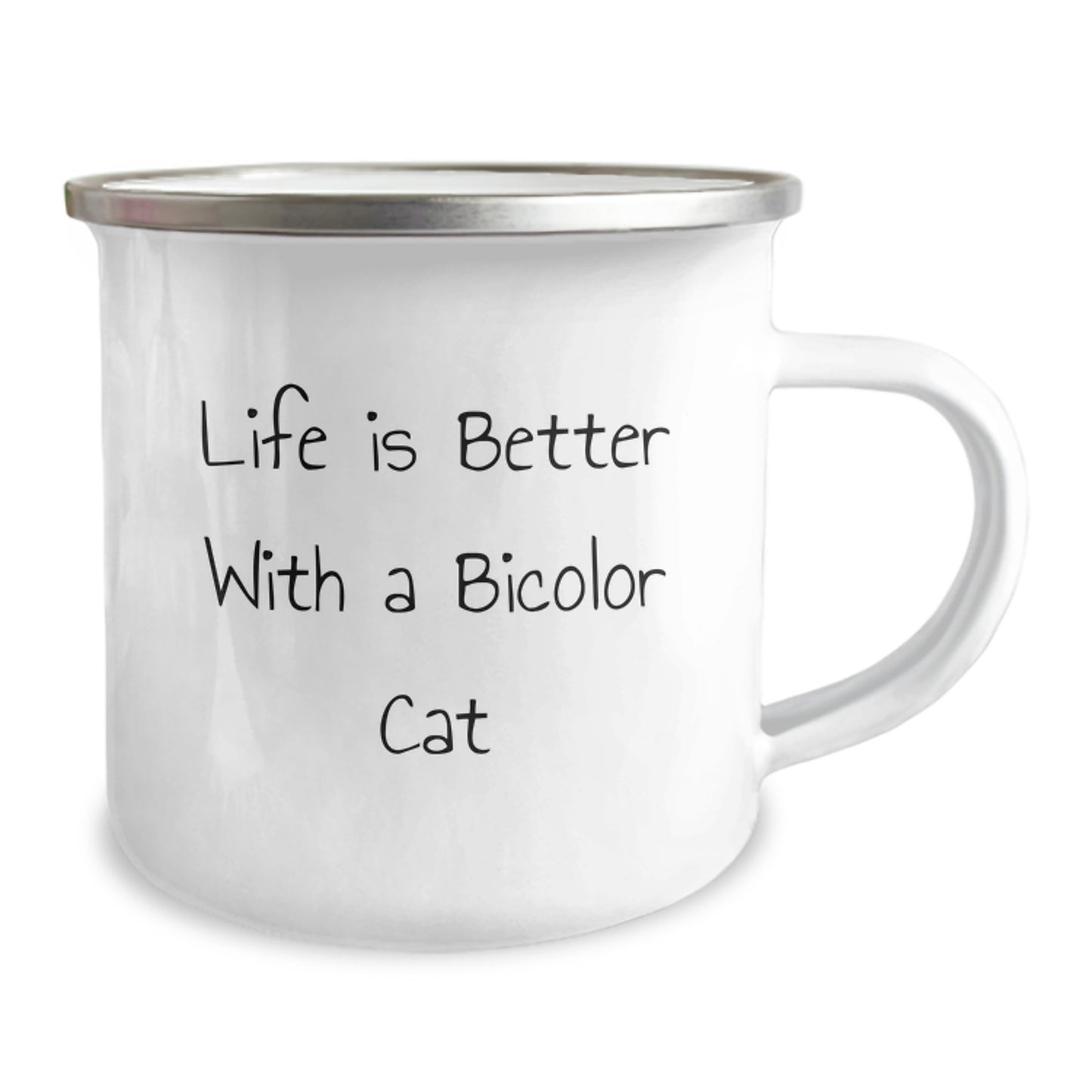 Funny Bicolor Cat Lover Gifts from Friends for Graduation, Life Is Better With A Bicolor Cat Camping Mug, Funny Quote on Stainless Steel Enamel Finish, 12 oz Capacity - Image 2