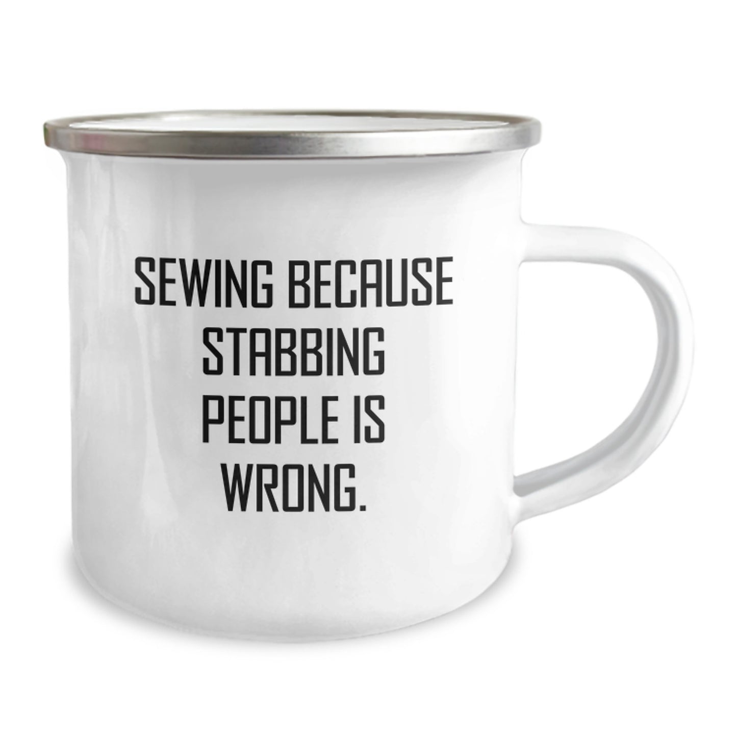 Funny Camping Mugs for Sewing Enthusiasts Gifts from Friends and Family for Christmas - 'Sewing Because Stabbing People Is Wrong.' - Image 2