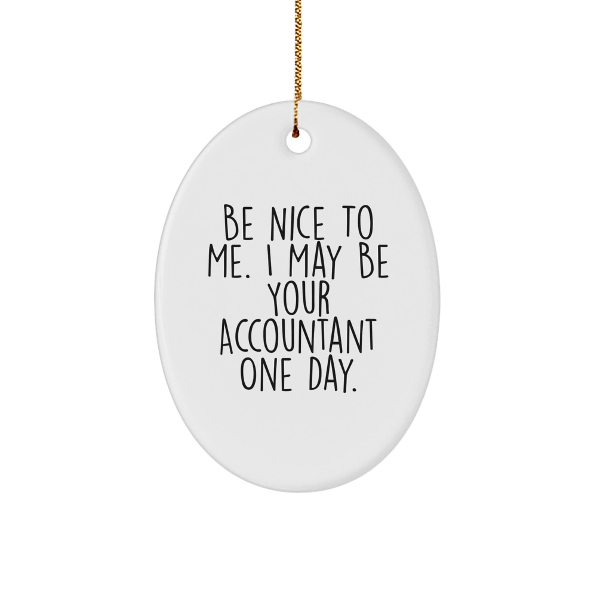 Funny Accountant Gifts from Friends, 'Be Nice To Me. I May Be Your Accountant One Day.' Oval Ornament for Christmas, Accountant Office Decor - Victory Thru Vision