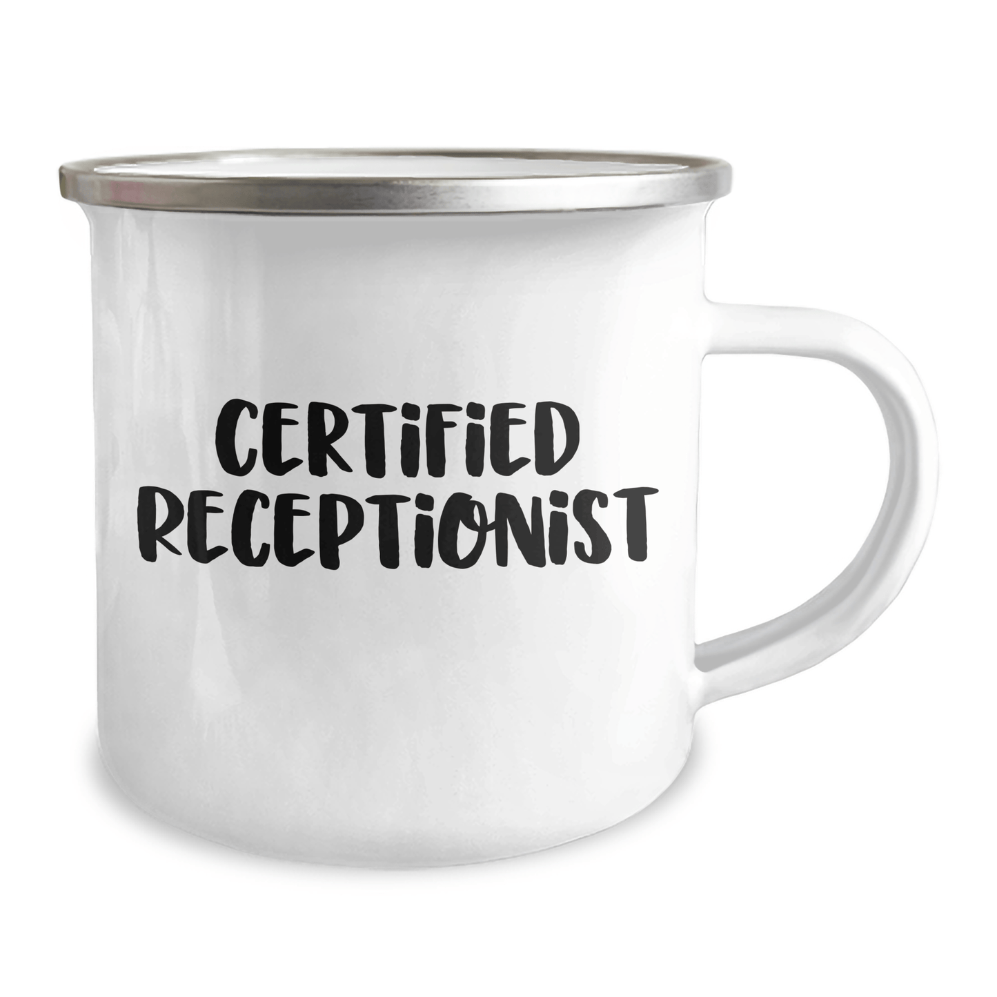 Funny Certified Receptionist Gifts for Men, Women, Coworkers and Family - 'Certified Receptionist' Quote on 12 oz Stainless Steel Camping Mug for Father's Day - Victory Thru Vision