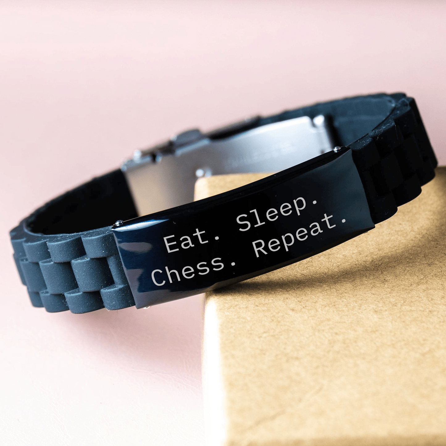 Funny Chess Gifts from Dad - Eat. Sleep. Chess. Repeat. Glide lock Clasp Black Stainless Steel Adjustable Men's Gift for Father's Day - Victory Thru Vision