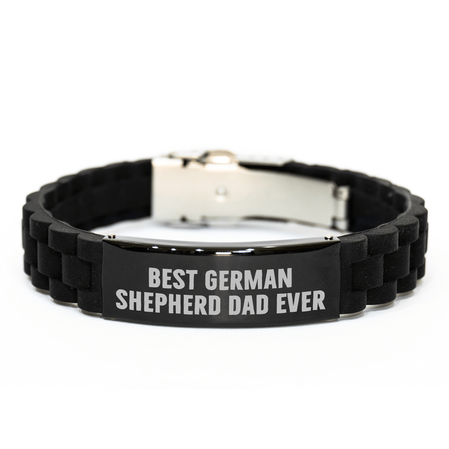 Funny German Shepherd Dog Gifts for Best Dad Ever - Glide lock Clasp Adjustable Black Stainless Steel Silicone Bracelet from Dad, German Shepherd Dog Enthusiasts, or Friends - Victory Thru Vision