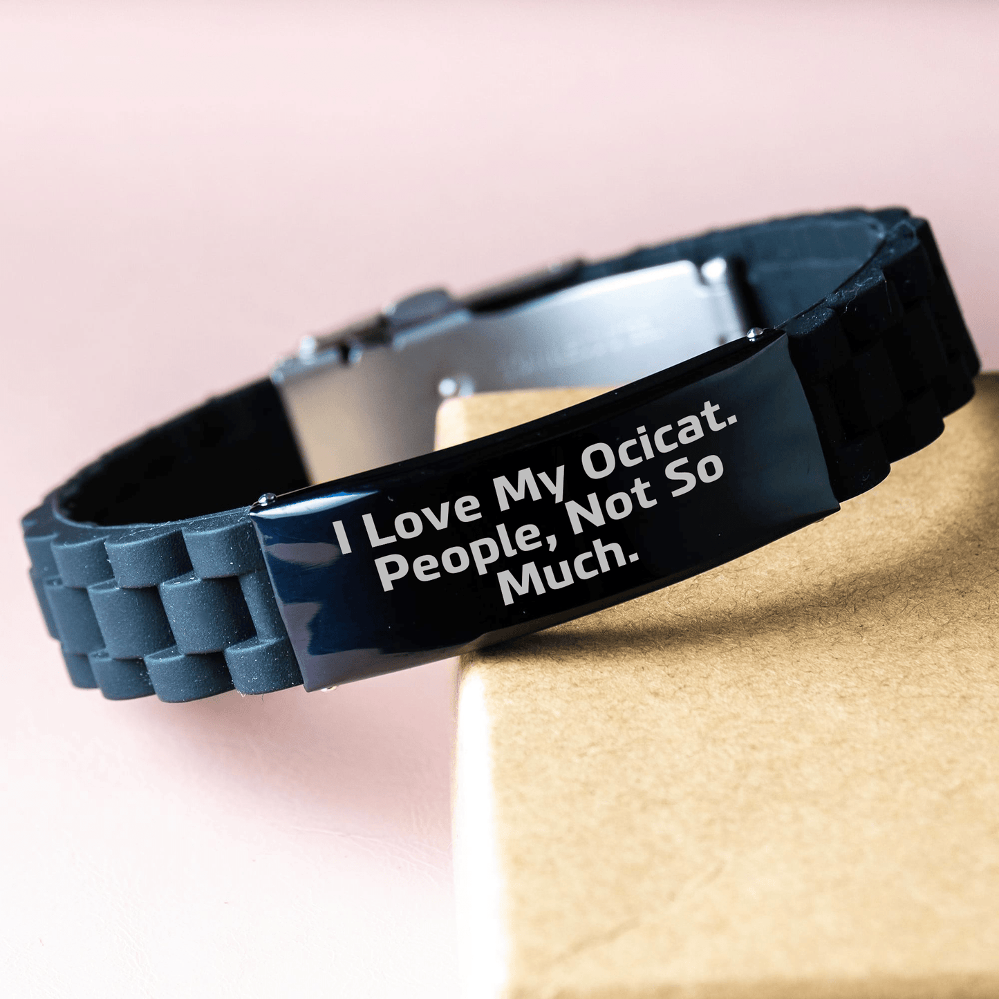 Funny Ocicat Gifts for Him, Glide lock Clasp Black Stainless Steel Silicone Adjustabe Bangle - Gifts from Friends and Family for Father's Day - Victory Thru Vision