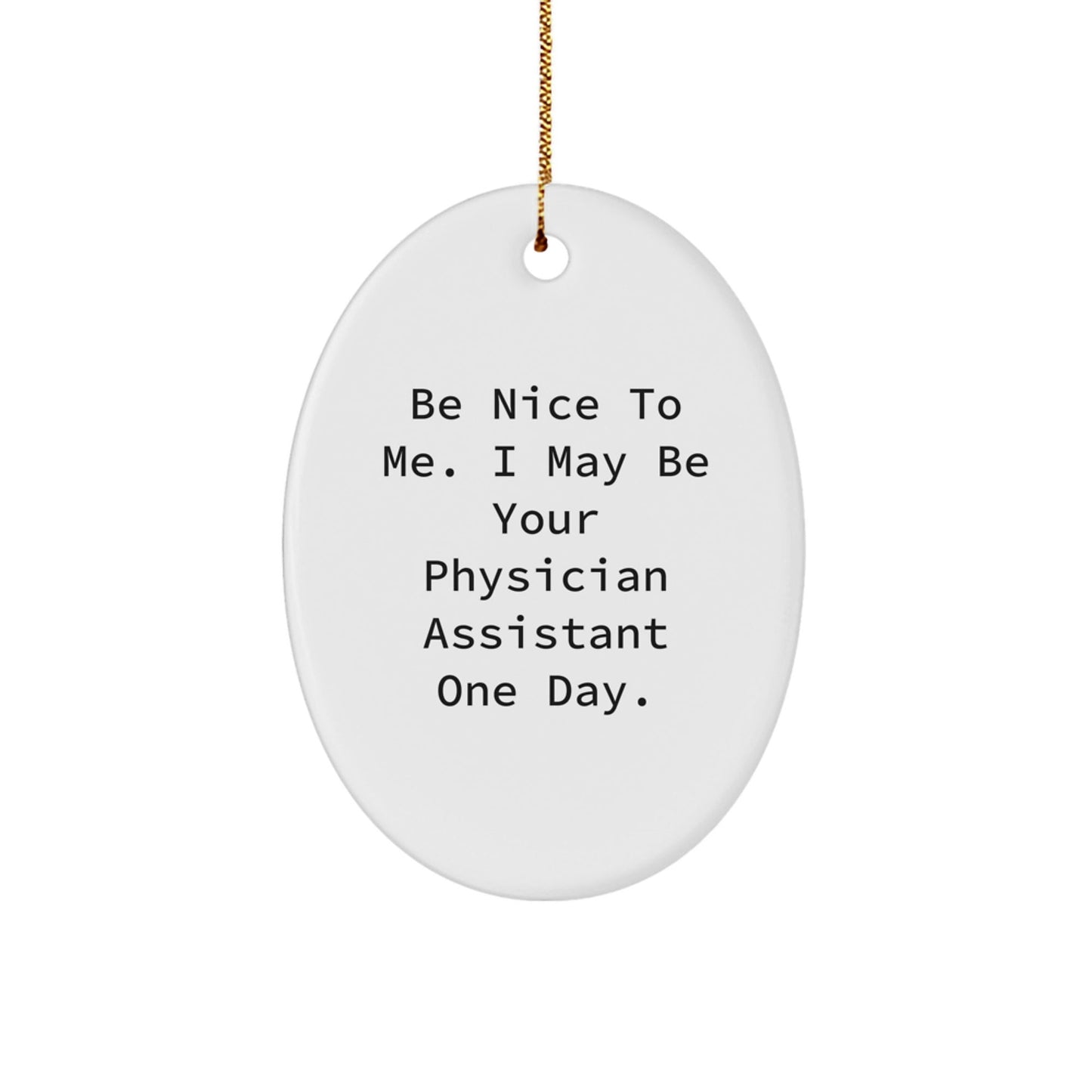 Funny Physician Assistant Gifts from Friends - 'Be Nice To Me' Oval Ornament for Christmas - Victory Thru Vision