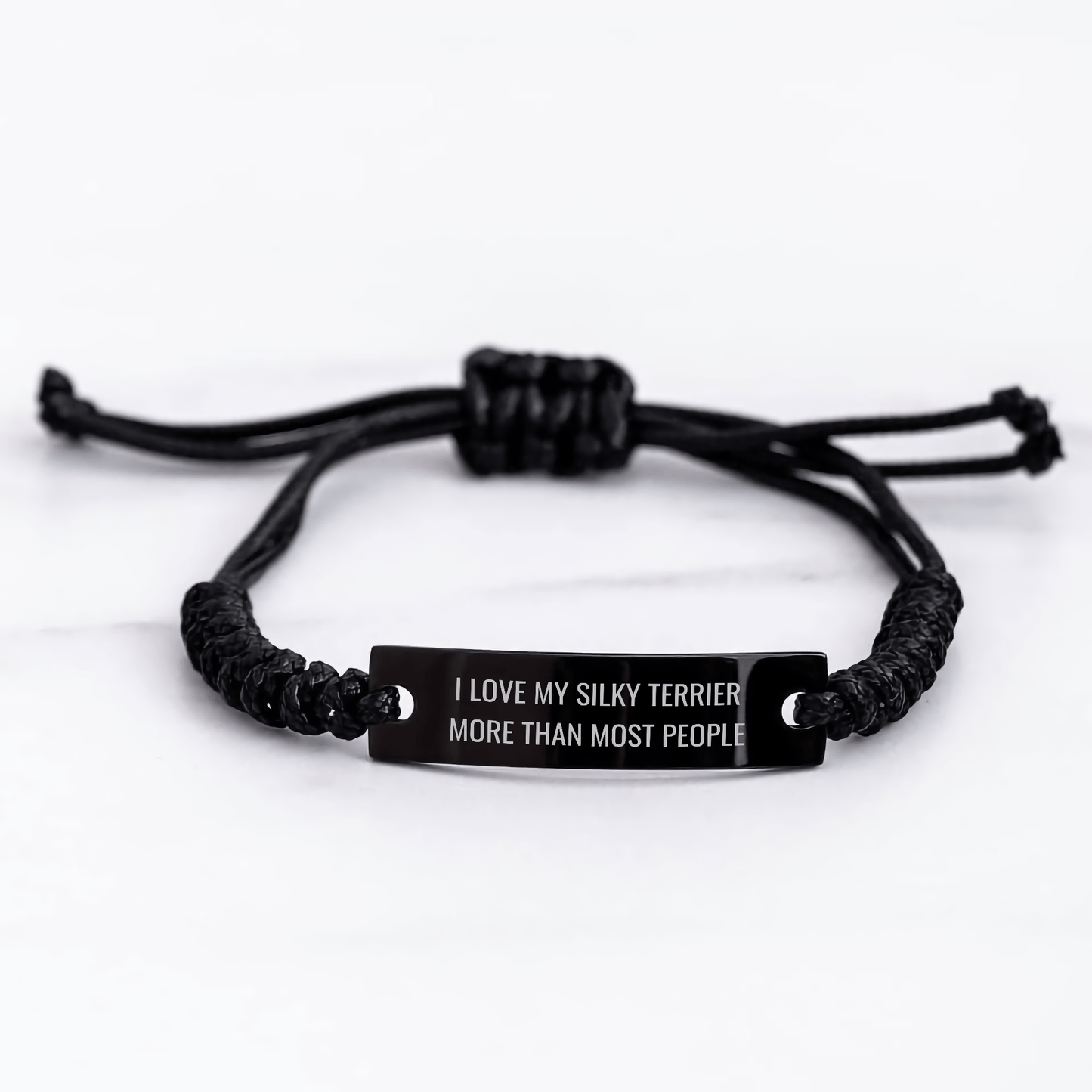 Funny Silky Terrier Dog Gifts for Men, 'I Love My Silky Terrier More Than Most People', Black Rope Adjustable Bracelet, Father's Day Unique Gifts from Family - Victory Thru Vision