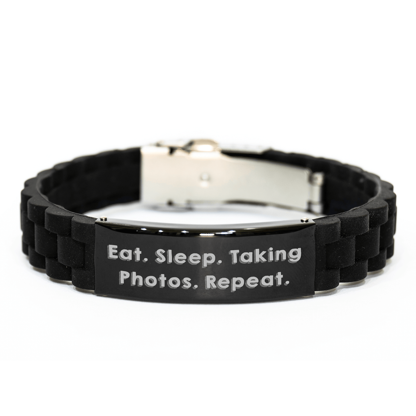 Funny Taking Photos Gifts for Men - Eat. Sleep. Taking Photos. Repeat. Glide lock Clasp Black Stainless Steel Silicone Adjustable Gift for Photographers from Family - Victory Thru Vision