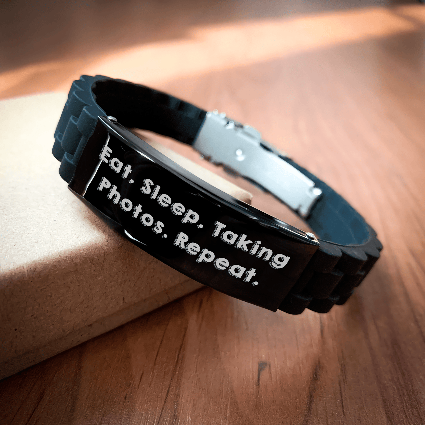Funny Taking Photos Gifts for Men - Eat. Sleep. Taking Photos. Repeat. Glide lock Clasp Black Stainless Steel Silicone Adjustable Gift for Photographers from Family - Victory Thru Vision