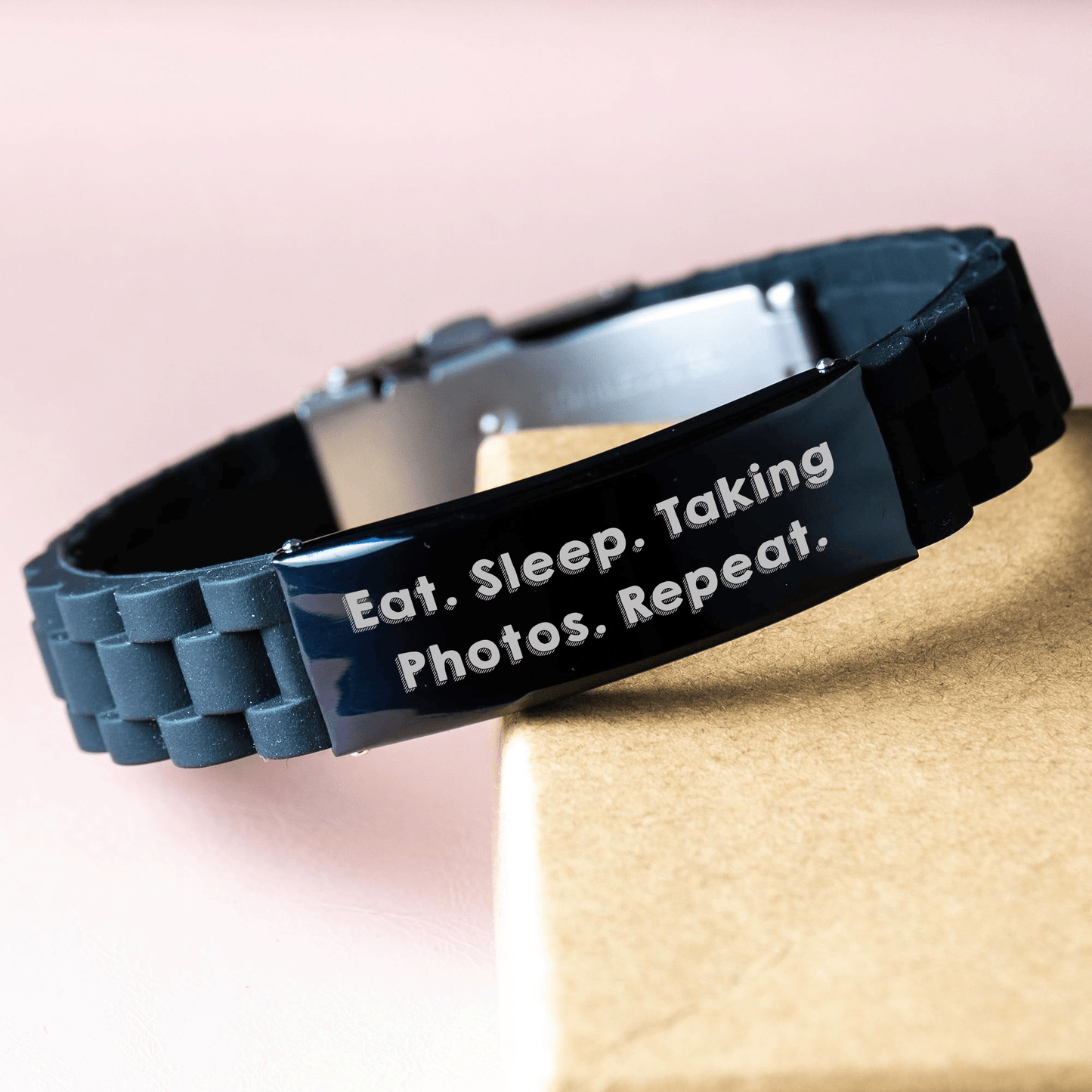 Funny Taking Photos Gifts for Men - Eat. Sleep. Taking Photos. Repeat. Glide lock Clasp Black Stainless Steel Silicone Adjustable Gift for Photographers from Family - Victory Thru Vision