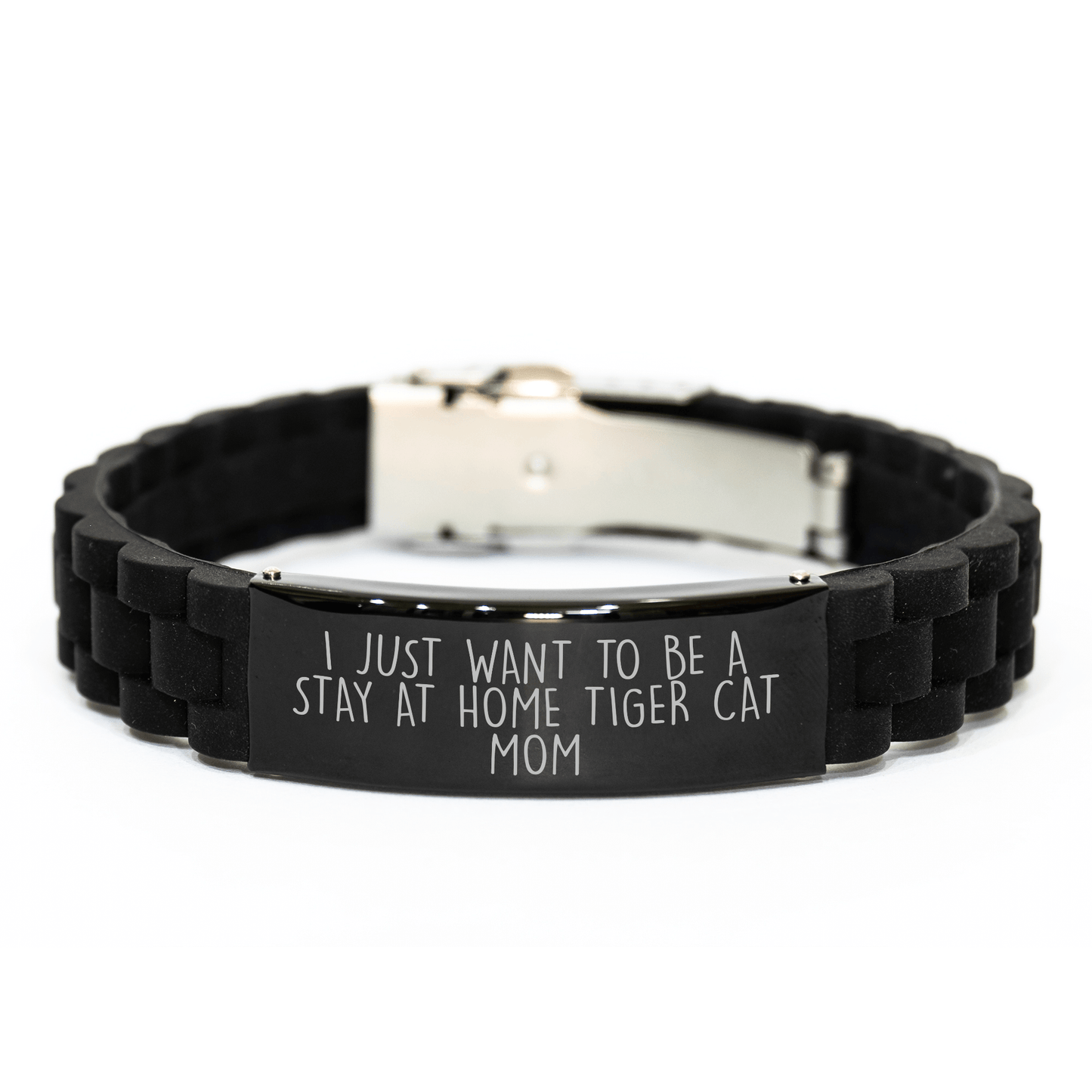 Funny Tiger Cat Mom Gifts from Friends for Father's Day - Glide lock Clasp Black Stainless Steel Silicone Adjustable 9.05 - inch Bracelet - Victory Thru Vision