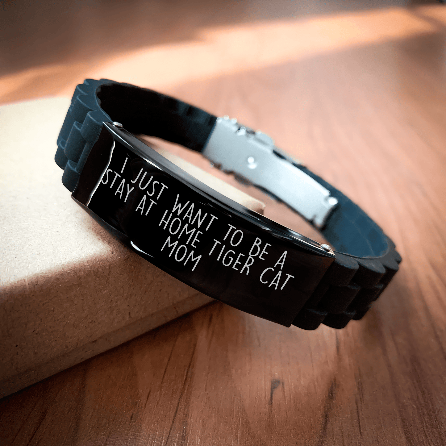 Funny Tiger Cat Mom Gifts from Friends for Father's Day - Glide lock Clasp Black Stainless Steel Silicone Adjustable 9.05 - inch Bracelet - Victory Thru Vision