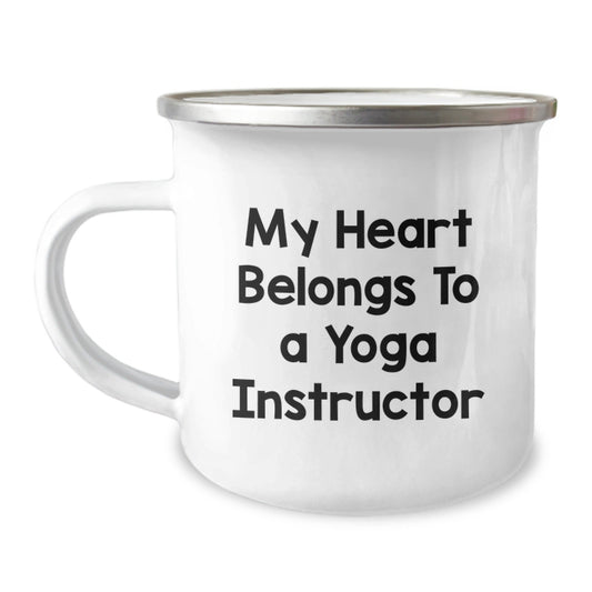 Funny Yoga Instructor Gifts from Friends for Graduation, 'My Heart Belongs To A Yoga Instructor' Enamel Camping Mug, 12 oz Stainless Steel - Victory Thru Vision