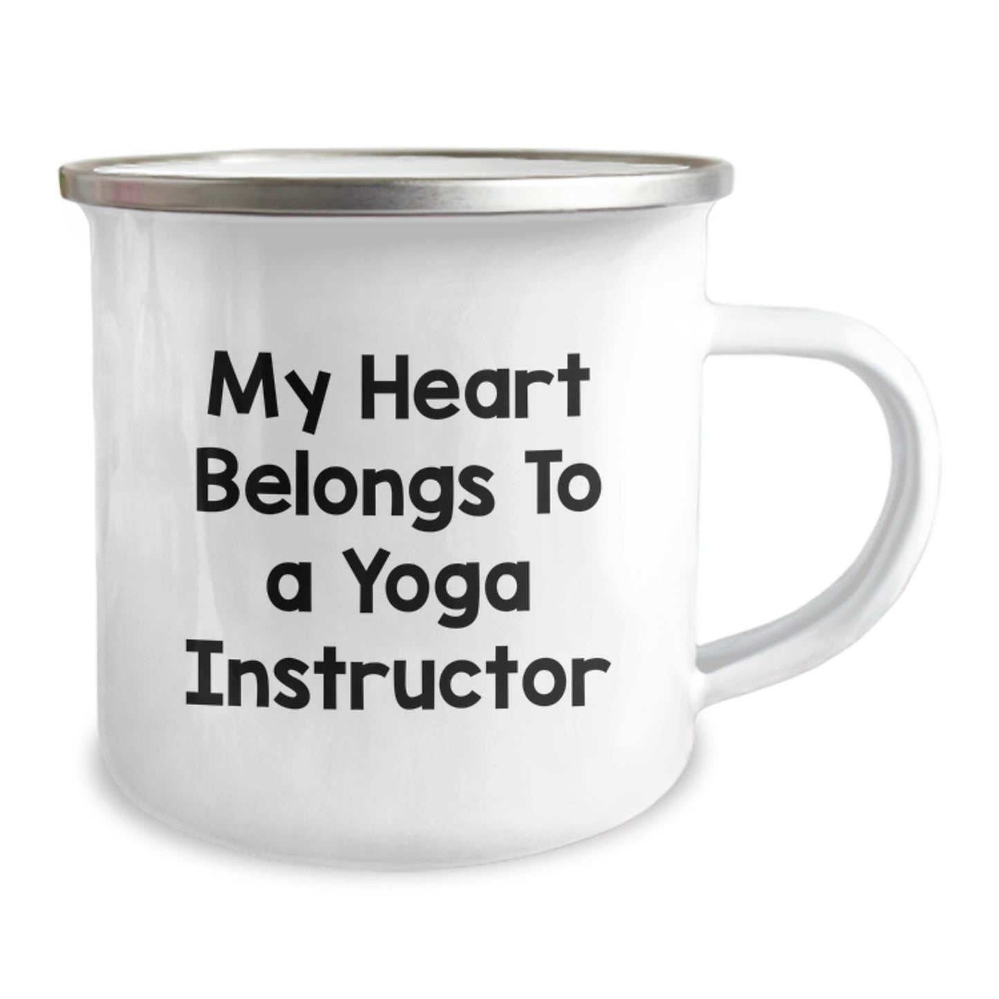 Funny Yoga Instructor Gifts from Friends for Graduation, 'My Heart Belongs To A Yoga Instructor' Enamel Camping Mug, 12 oz Stainless Steel - Victory Thru Vision