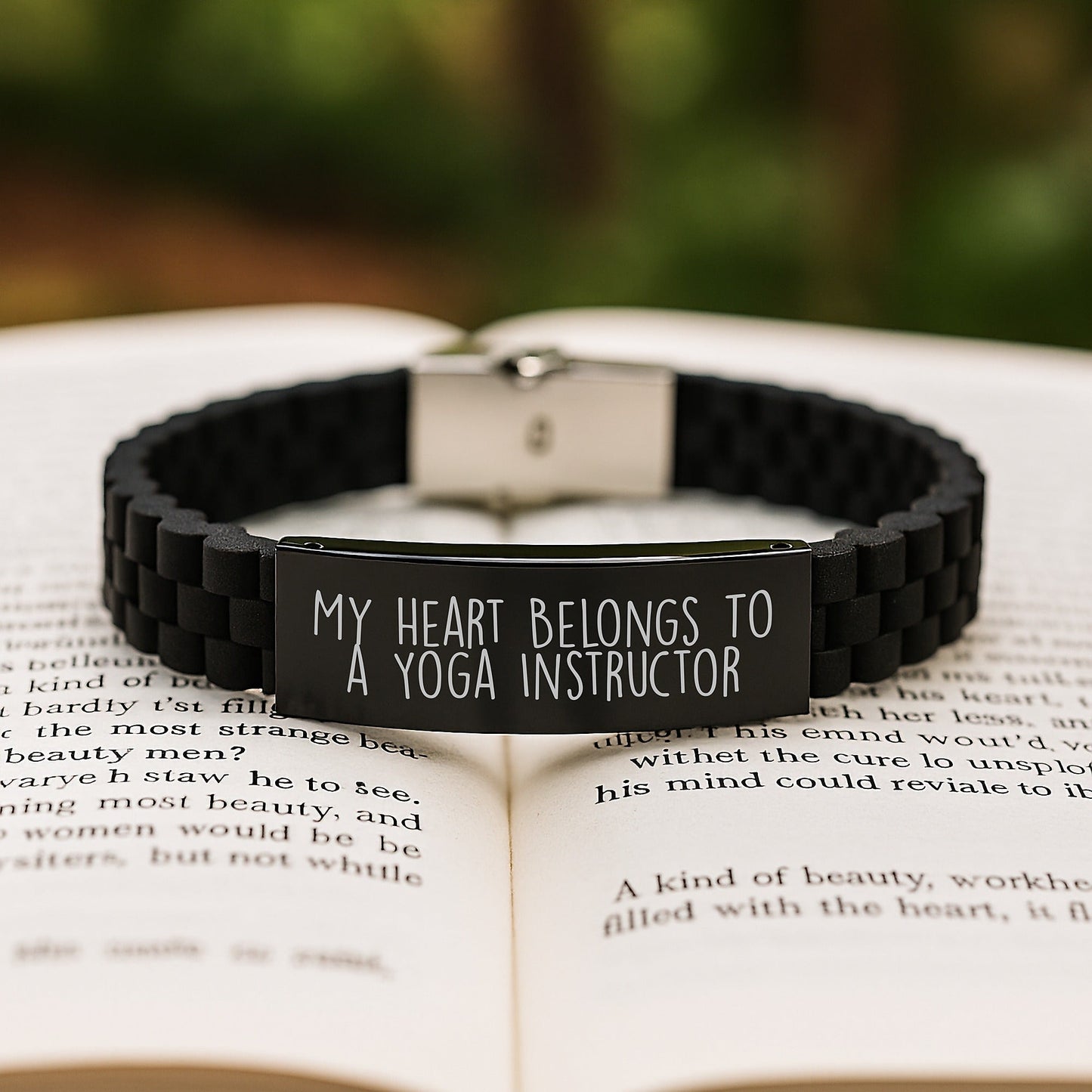 Funny Yoga Instructor Gifts from Friends for Graduation - 'My Heart Belongs To A Yoga Instructor' Glide lock Clasp Bracelet - Victory Thru Vision