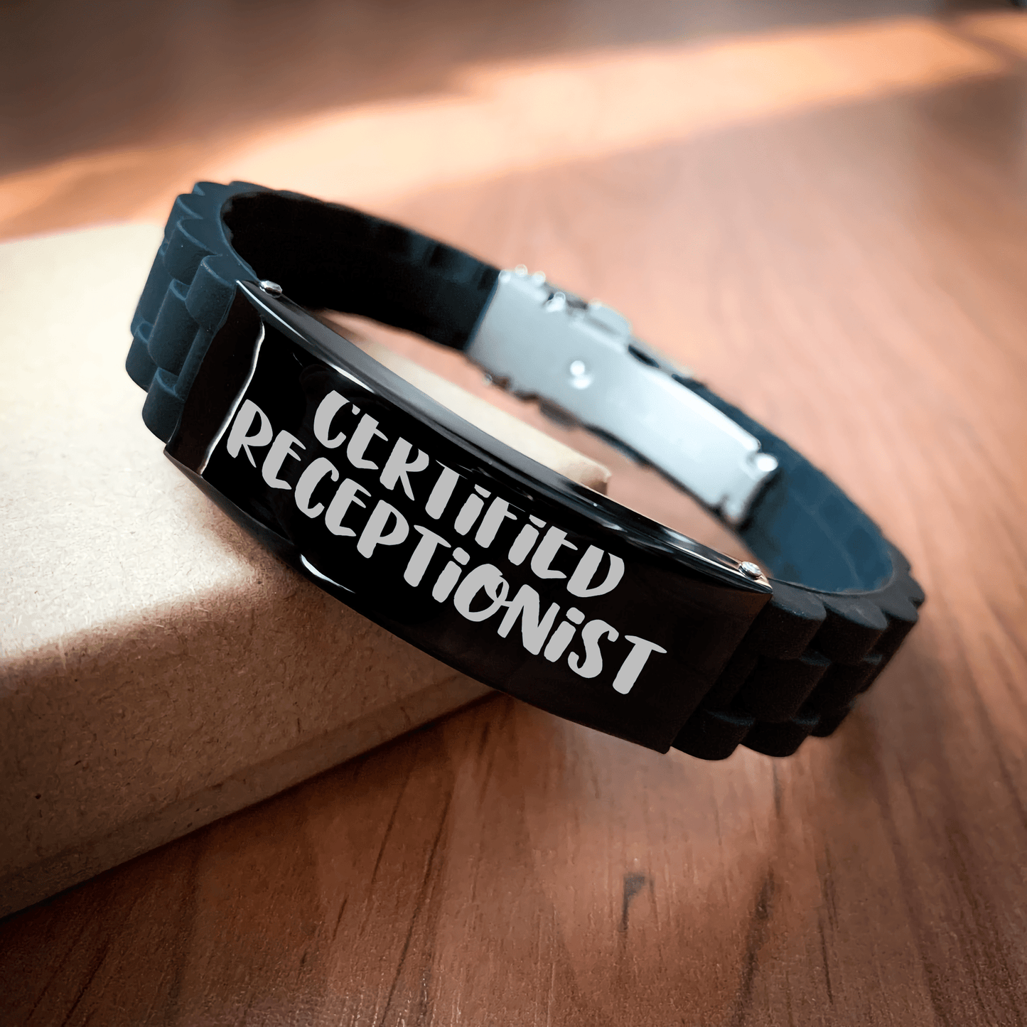 Gifts from Friends, Funny Quote Certified Receptionist Gifts, Adjustable Glide lock Clasp Receptionist Bracelet for Men's Father's Day Unique Gifts - Victory Thru Vision