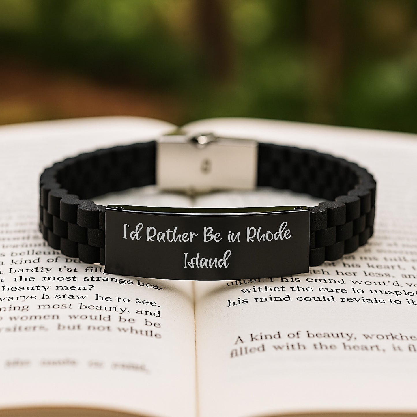 'I'd Rather Be In Rhode Island' Glide lock Clasp Black Stainless Steel Silicone Adjustable Graduation Gift for Men from Rhode Island Lovers - Image 2