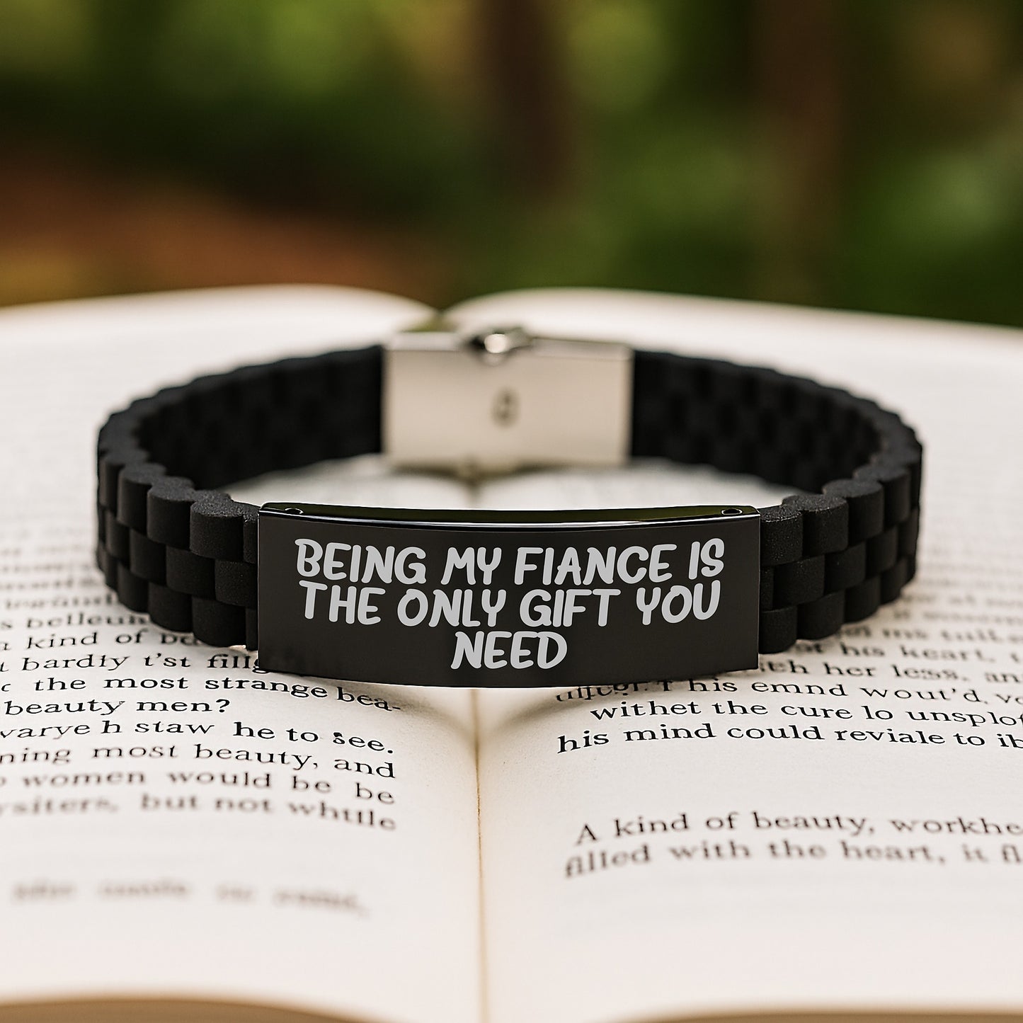 Funny Fiance Gifts from Men, Inspirational Glide lock Clasp Birthday Jewelry for Him, 'Being My Fiance Is The Only Gift You Need' Quote, Adjustable Black Stainless Steel and Silicone, Premium Bag - Image 2
