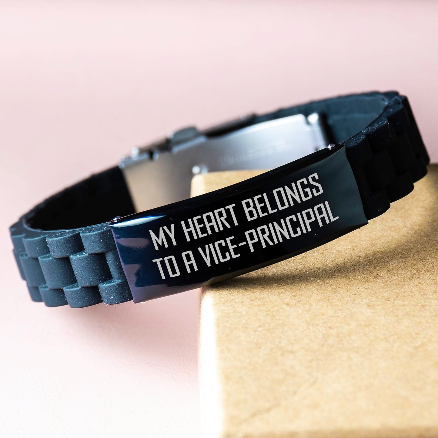 Funny Vice-principal Gifts, Christmas Unique Glide lock Clasp Bracelet for Men, Women, Coworkers, 'My Heart Belongs To A Vice-principal' Quote, Adjustable Black Metal and Silicone - Image 3