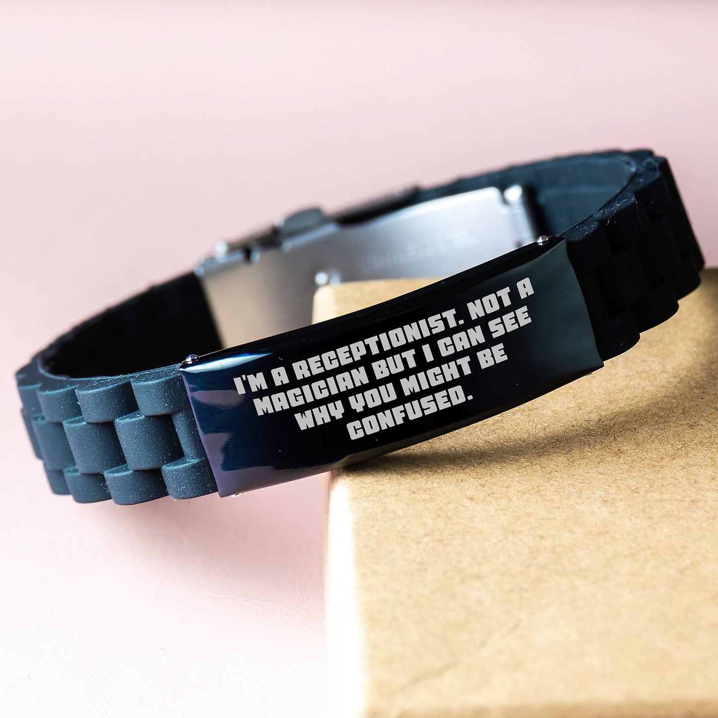 Funny Receptionist Gifts for Women - Glide lock Clasp Bracelet Black Stainless Steel Christmas Memorable Presents from Coworkers - Image 3