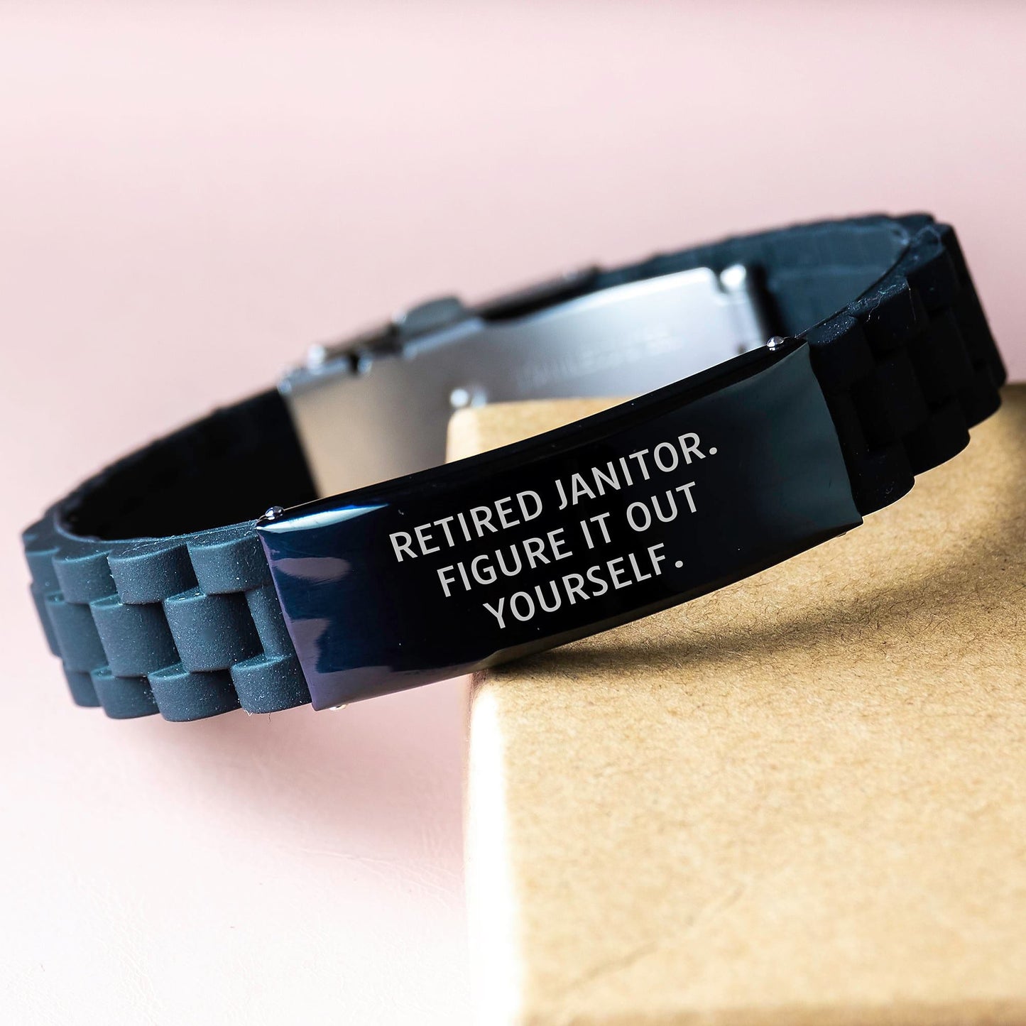 Janitor's Humor, Graduation Unique Gifts from Friends for Men - Glide lock Clasp Black Stainless Steel Silicone Adjustable Bracelet, Retired Janitor Figure It Out Yourself. - Victory Thru Vision