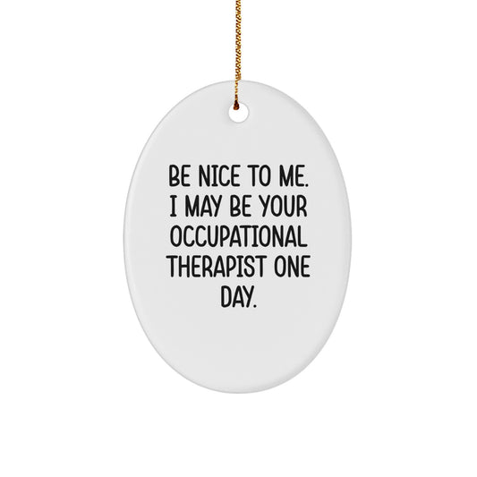Funny Occupational Therapist Gifts from Friends to Occupational Therapist Christmas Unique Oval Ornaments - Be Nice To Me I May Be Your Occupational Therapist One Day. - Image 1